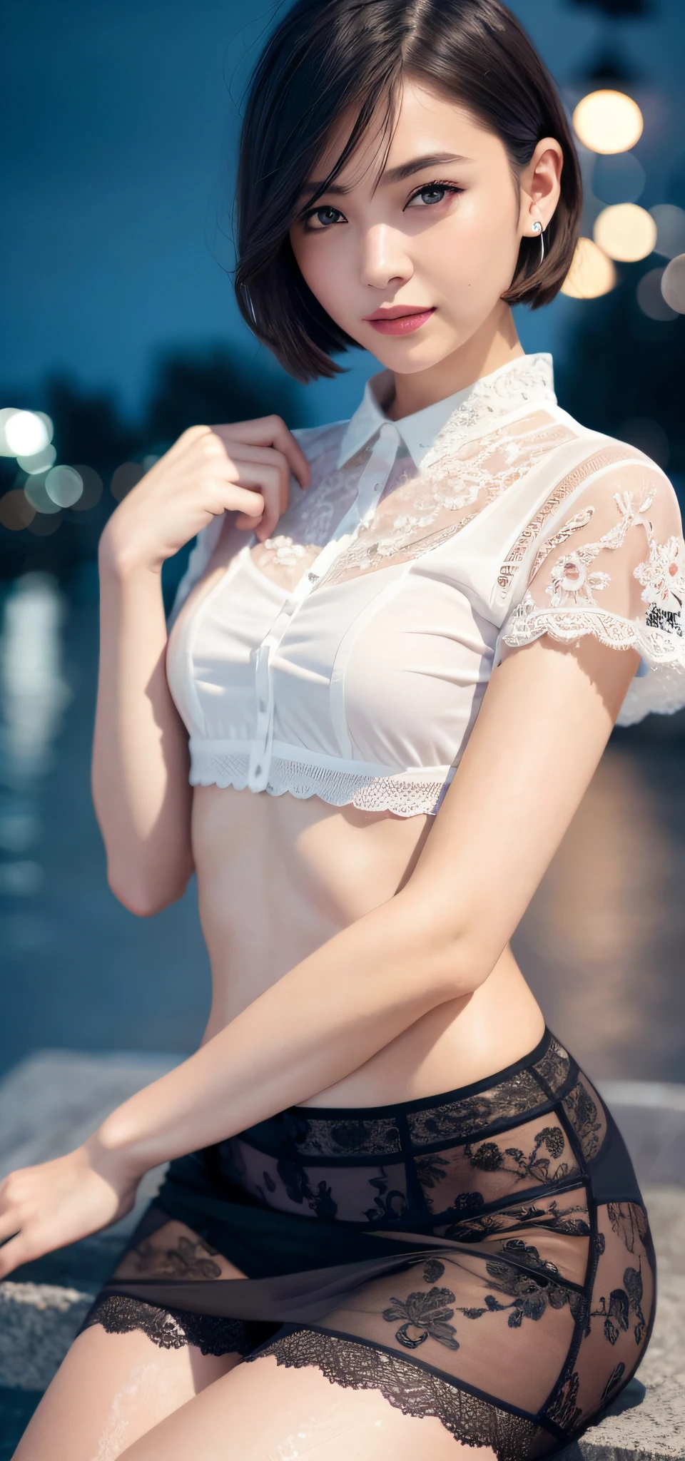 (8k, top quality, masterpiece: 1.2), (realistic, photorealistic: 1.37), super detailed, girl single, cute, solo, beautiful detailed sky, detailed café, night, sitting, date, (blush), (smile: 1.15), small breasts, fine beautiful eyes, (shirt with collar: 1.1), night, wet, lace office clothes, rain, lace skirt, (short hair: 1.2), Float NovaFrogStyle, white underwear,