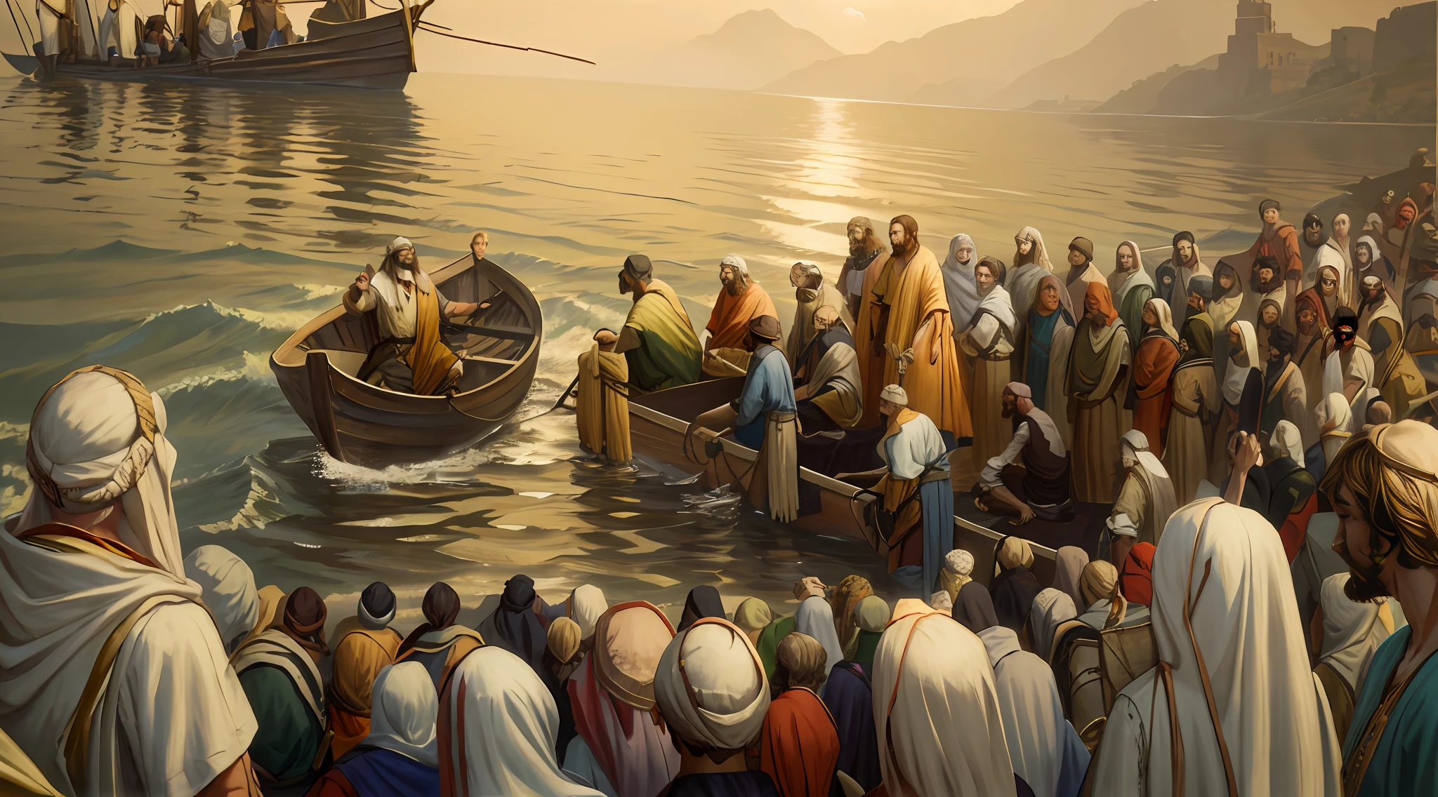 Oil painting, there is a male man in the boat on the river, there is a group of people standing around a boat, biblical illustration, epic biblical representation, 8k uhd, cinematic lighting, high quality, --s2