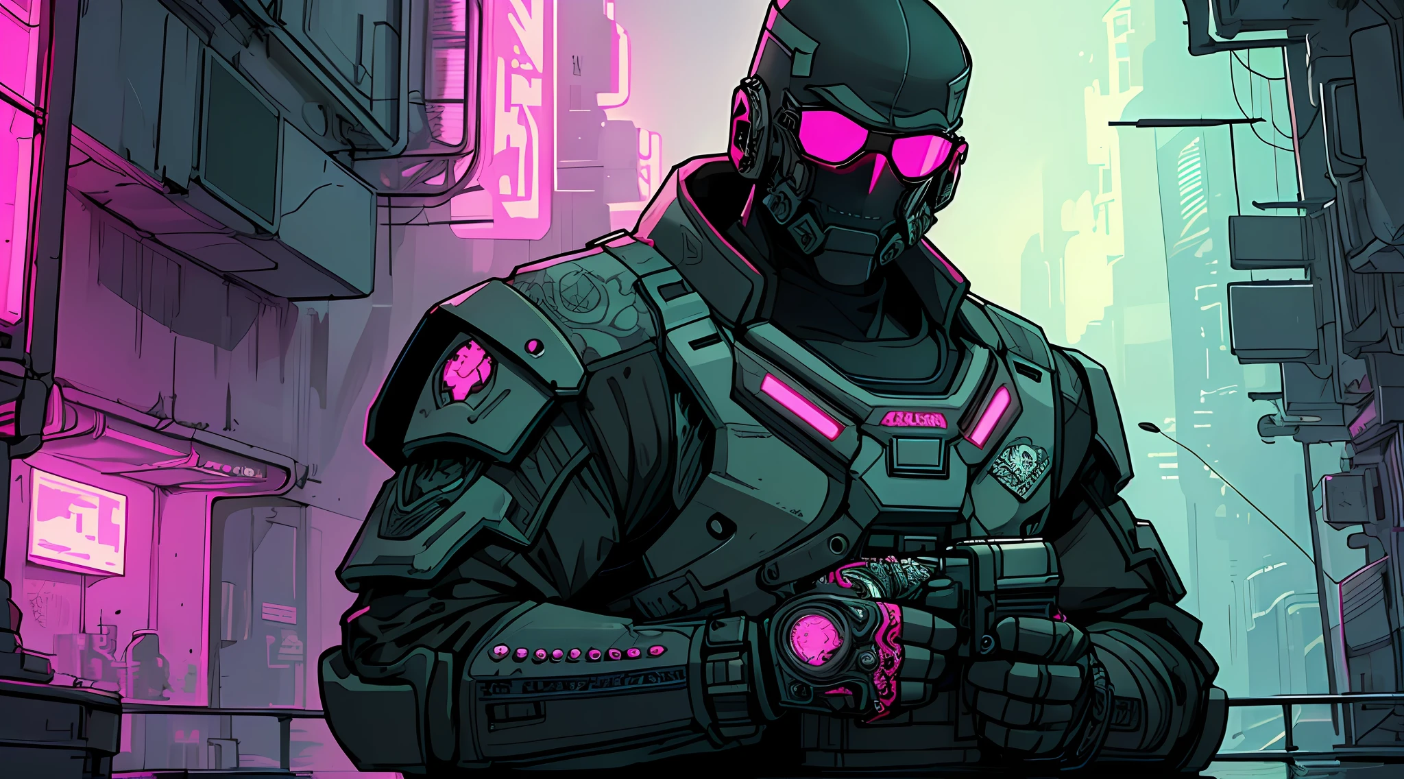 (8k unit wallpaper CG extremely detailed, masterpiece, best quality, ultra-detailed), (((solo))), ((extremely wide shot:1.15)), a futuristic bounty hunter with sci-fi gear, neon pink glasses, holding a rifle, (((upper body:1.15)), (high detail), (intricate details), colorful, intricate, dark scene, intense environment, sinister, dark, evil, detailed environment, highly detailed environment, illustrator, (masterpiece).