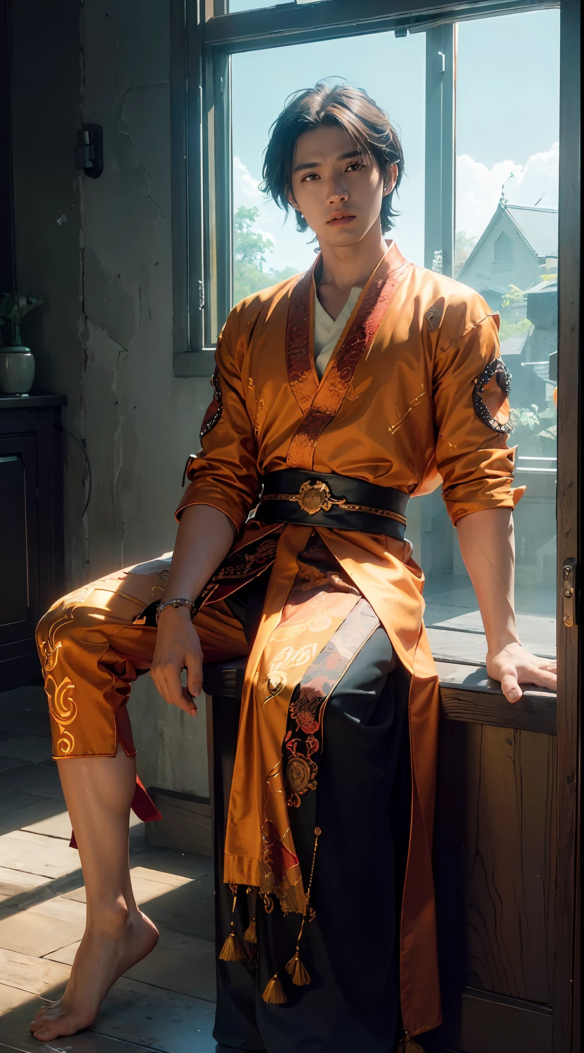 ((Best quality)), ((masterpiece)), (detailed:1.4), ((male)), 3D, an image of a wise young indonesian man with orange cat, wearing batik outfit, traditional outfit, HDR (High Dynamic Range),Ray Tracing,NVIDIA RTX,Super-Resolution,Unreal 5,Subsurface scattering,PBR Texturing,Post-processing,Anisotropic Filtering,Depth-of-field,Maximum clarity and sharpness,Multi-layered textures,Albedo and Specular maps,Surface shading,Accurate simulation of light-material interaction,Perfect proportions,Octane Render,Two-tone lighting,Wide aperture,Low ISO,White balance,Rule of thirds,8K RAW,