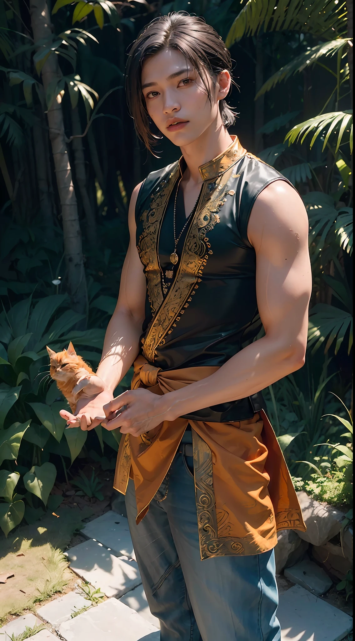 ((Best quality)), ((masterpiece)), (detailed:1.4), ((male)), 3D, an image of a wise young indonesian man with orange cat, wearing batik outfit, traditional outfit, HDR (High Dynamic Range),Ray Tracing,NVIDIA RTX,Super-Resolution,Unreal 5,Subsurface scattering,PBR Texturing,Post-processing,Anisotropic Filtering,Depth-of-field,Maximum clarity and sharpness,Multi-layered textures,Albedo and Specular maps,Surface shading,Accurate simulation of light-material interaction,Perfect proportions,Octane Render,Two-tone lighting,Wide aperture,Low ISO,White balance,Rule of thirds,8K RAW,