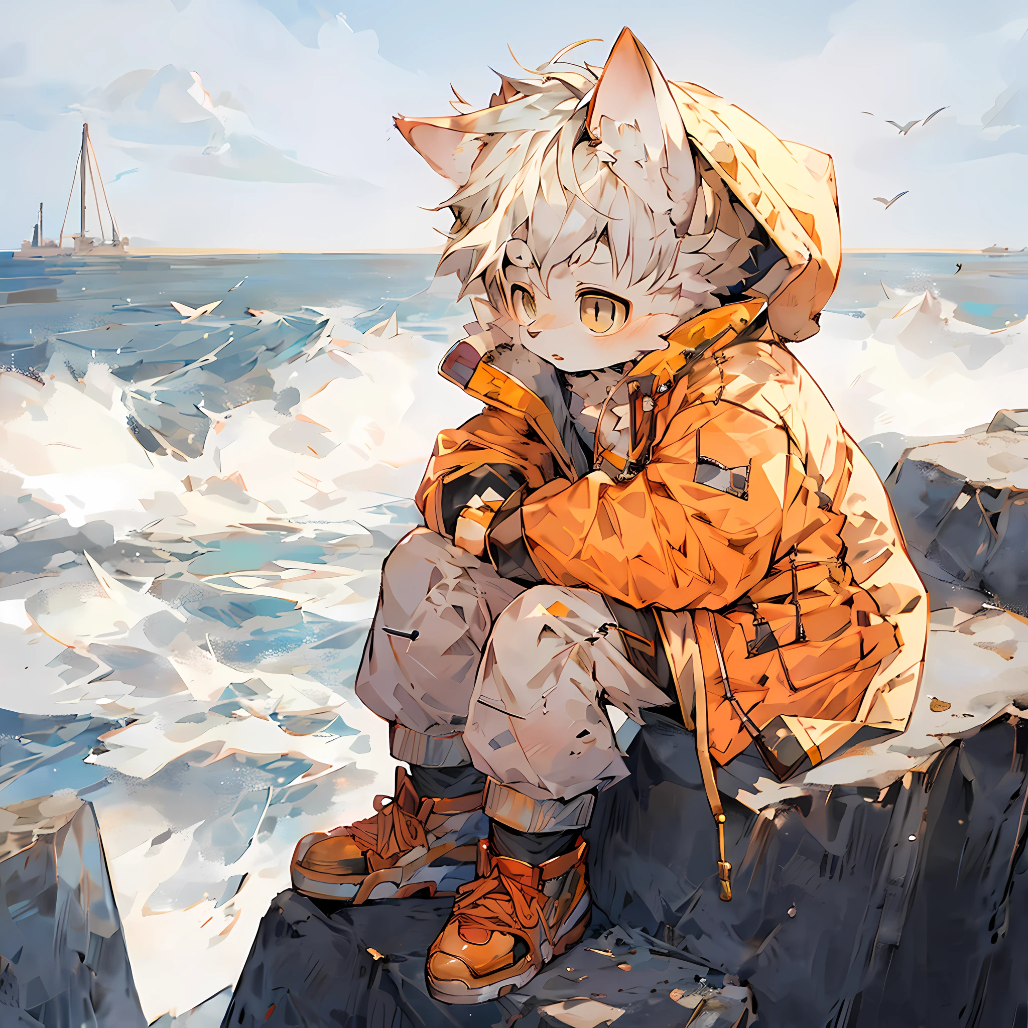 Anime boy sitting on rock wearing cat hat,, At the seaside, cute anime, high quality anime art style, anime visual of cute cats, anime boy, pixiv, cute boy, by Yuumei, key anime art, digital art on pixiv Koshota 7 years old