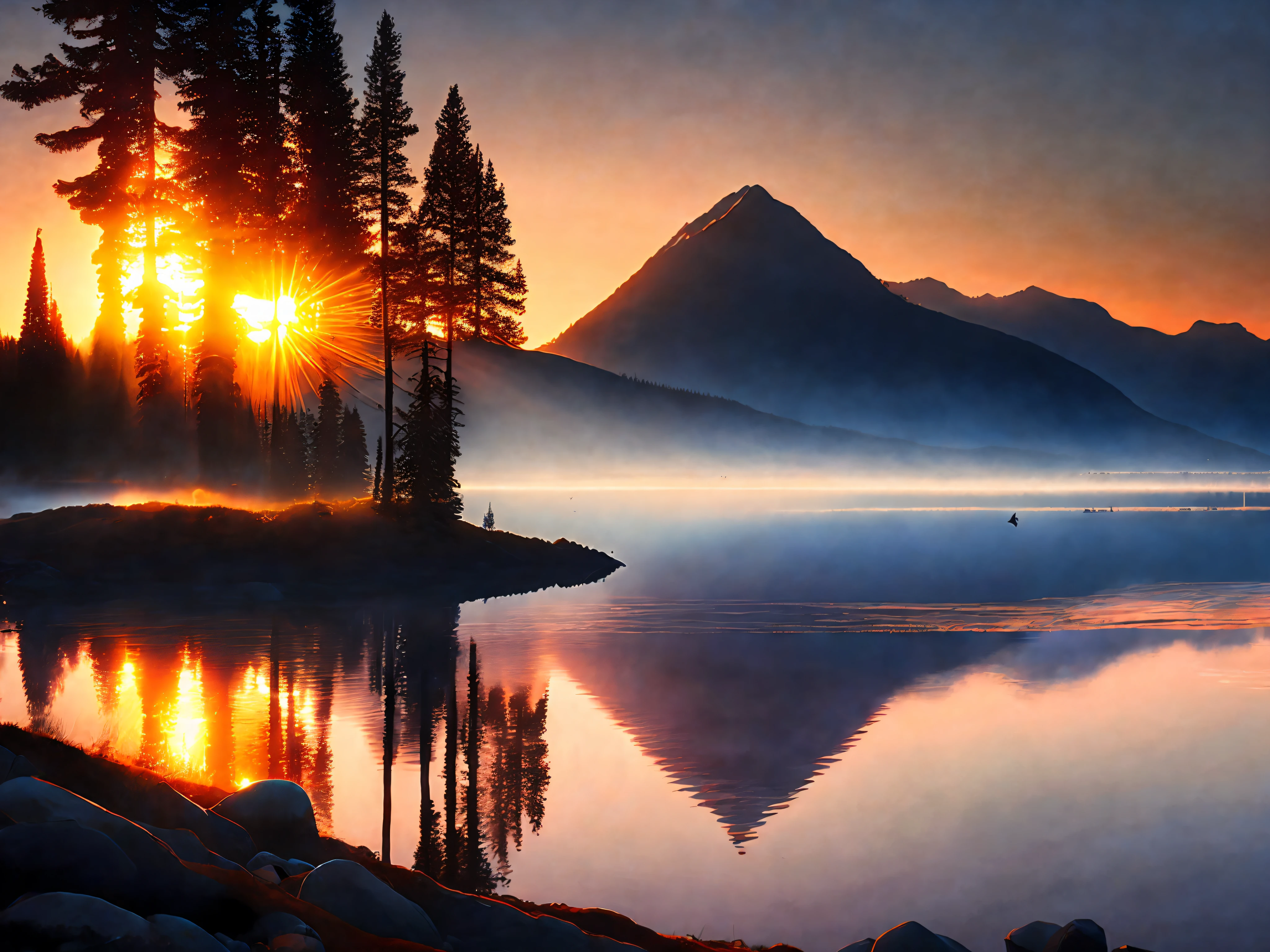 Dawn, lake, bright sun, lake, glare, lighting, birds in the sky, forest and mountains in the distance, raw photo,