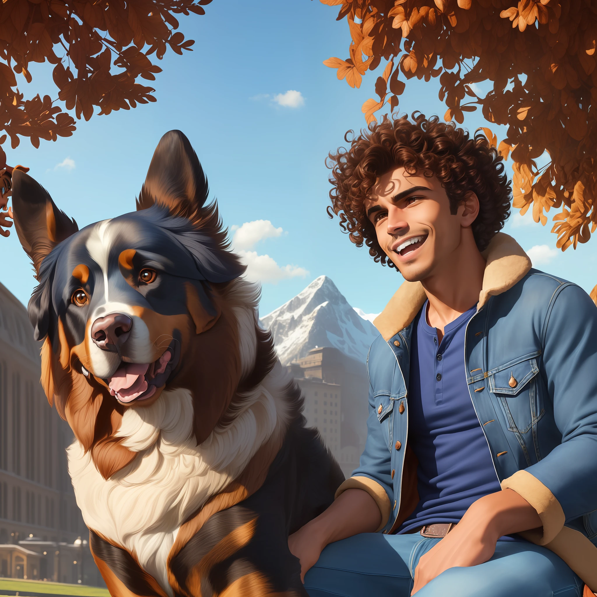 (dramatic illumination, dynamic angle, intense color contrast), (solo), (1man) (fit ), (dark tan skin), (red brown curly buzzcut hair:1.3), (stubble), (brown eyes), ((wearing jeans, a blue henley t-shirt, and sheepskin lined denim jacket)), smiling, (playing with large bernese mountain dog:1.3), (in city park)