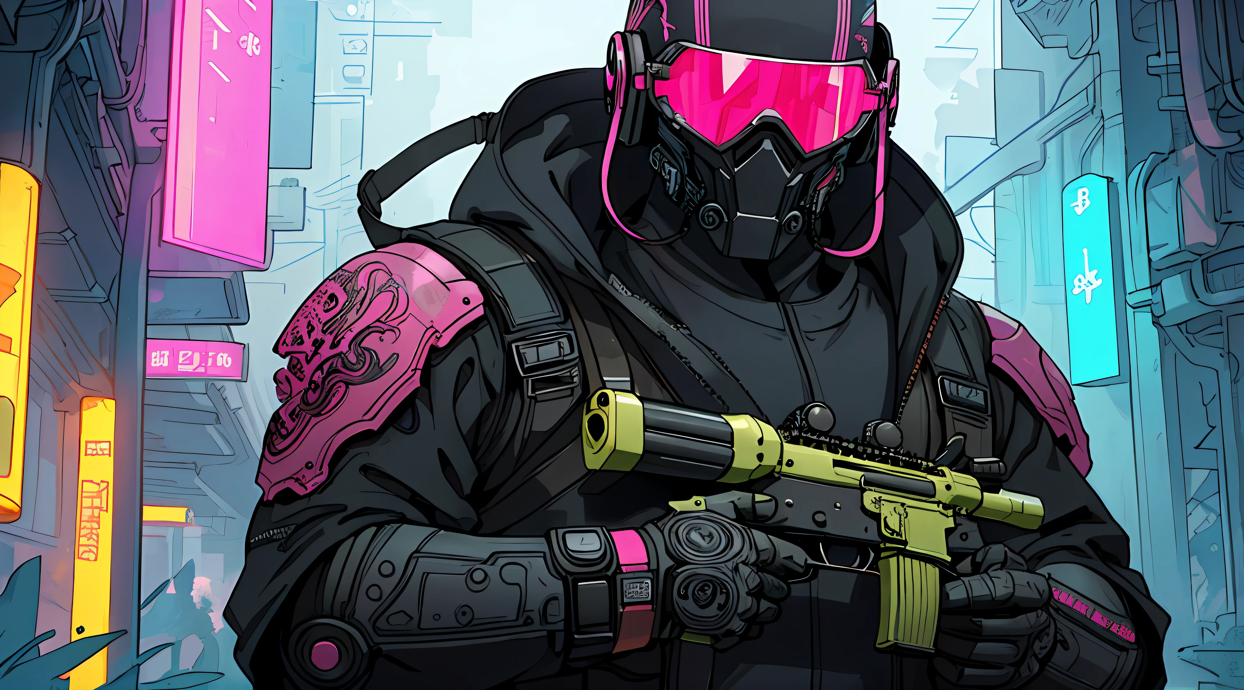 (8k unit wallpaper CG extremely detailed, masterpiece, best quality, ultra-detailed), (((solo))), ((extremely wide shot:1.15)), a futuristic bounty hunter with sci-fi gear, neon pink glasses, holding a rifle, (((upper body:1.15)), (high detail), (intricate details), colorful, intricate, dark scene, intense environment, sinister, dark, evil, detailed environment, highly detailed environment, illustrator, (masterpiece).