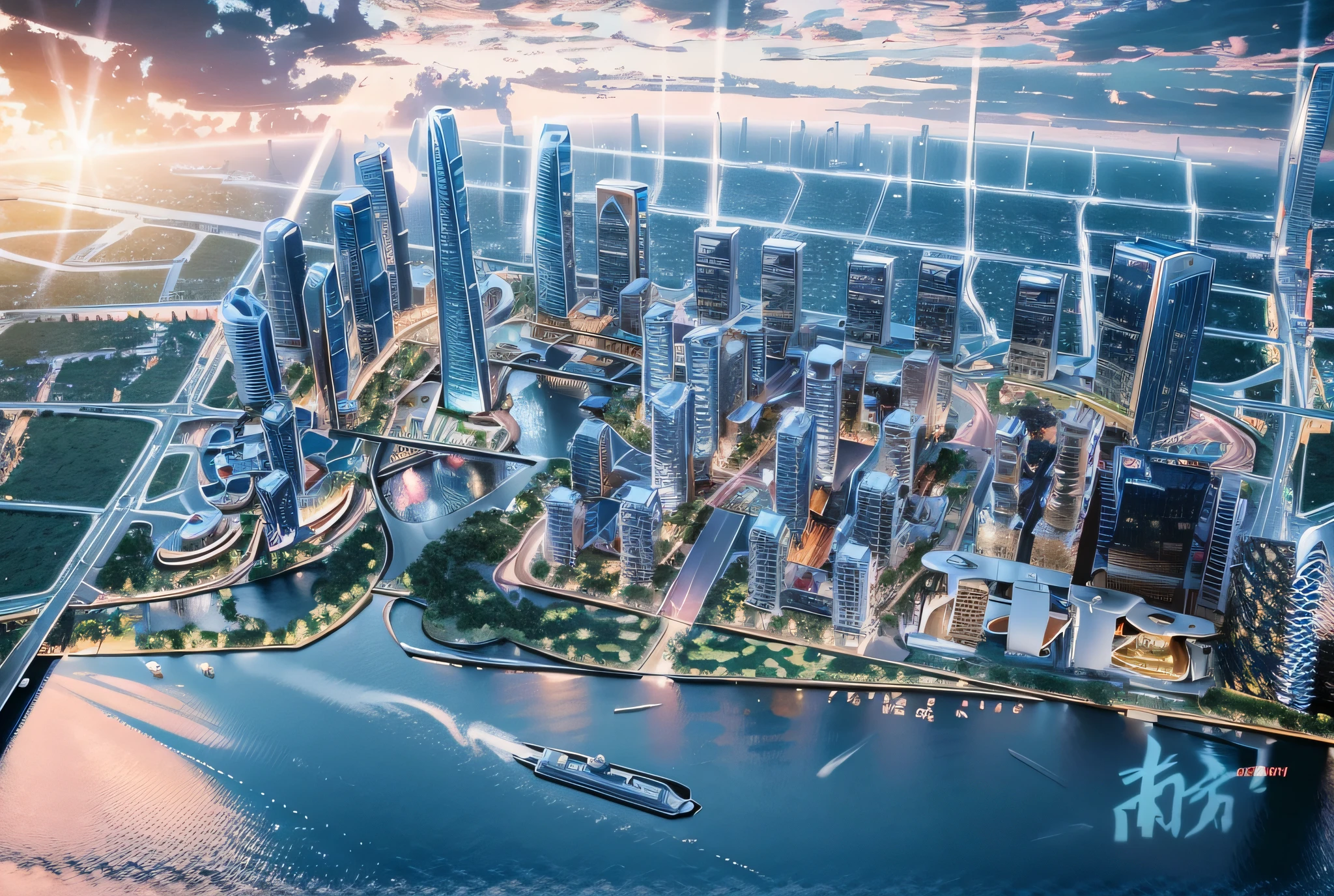 City skyline view, a river in the foreground, Guangzhou city, Guangzhou, China, skyline display, skyline, from China, trend, 3D model HD rendering, architectural rendering, Unreal Engine rendering, surrealism, skyscrapers, soothing tones, chinese dreamland, octane rendering, spectacular clouds, fantasy clouds. Huancheng, Guangzhou Financial City. Chinese architecture,. The bustling tech building is beyond imagination, visionary (wide-angle lens), ultra-high quality, and enhanced detail. Extremely detailed CG Unity 8k wallpapers, aesthetics, award-winning photography, realism, high detail, intricacies, art of travel, realistic 3D animation style, landscape concept art, ultra-high resolution (realism: 1.6), aesthetics, focus, high quality, vivid colors, stunning reflections, crystal clear water, award-winning photography, 3D lighting and beautiful cinematic lighting. Rich Detail, Aerial View, Top View, Bird's Nest Oval Building, Realism, High Detail, Sunlight, DSLR, Soft Light, High Definition, Movie Particles, Afternoon, Evening, Global Light, Sunset