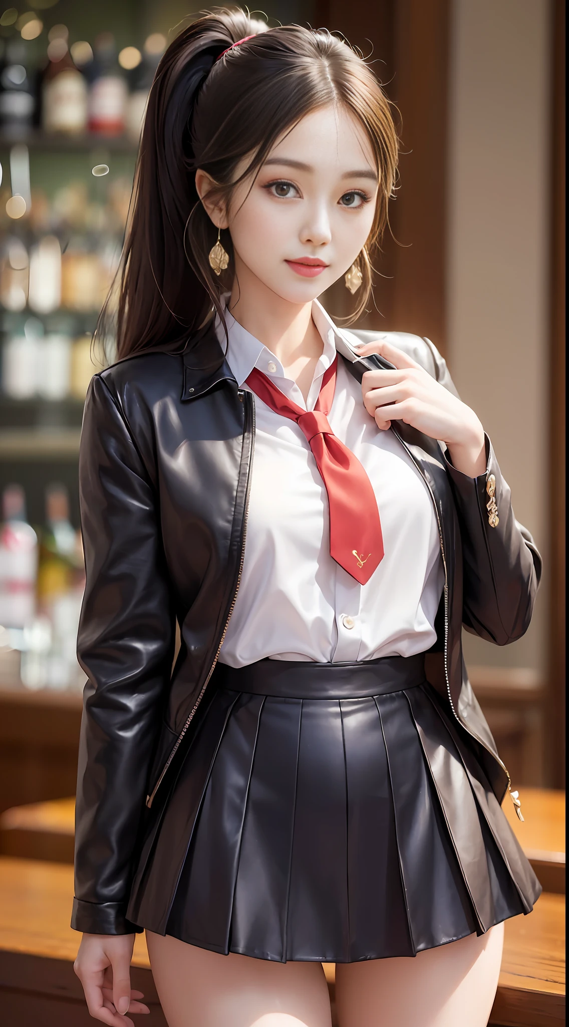 Exquisite, masterpiece, beautiful details, colorful, exquisite details, delicate lips, intricate details, 1 female, (a beautiful 20-year-old cute Korean woman: 1.1), (kpop idol, Korean mixed), (50mm Sigma f/1.4 ZEISS lens, F1.4, 1/800s, ISO 100, photograpy: 1.1), (ponytail + brunette hair: 1.2), (photorealistic: 1.4), (SPY:1.2), (Open Jacket,Shirt, Skirt,Tie,Christian Louboutin\(Brand\),:1.3), Earrings, Necklaces, Armbands, (Tavern, Bar:1.2), (Beautiful Legs, High Girl, Skinny, slim_legs, thigh_gap, Model:1.2), Lens flare, from the front, (Happy smile: 1.1), dynamic pose, (makeup: 1.2), sailor suit