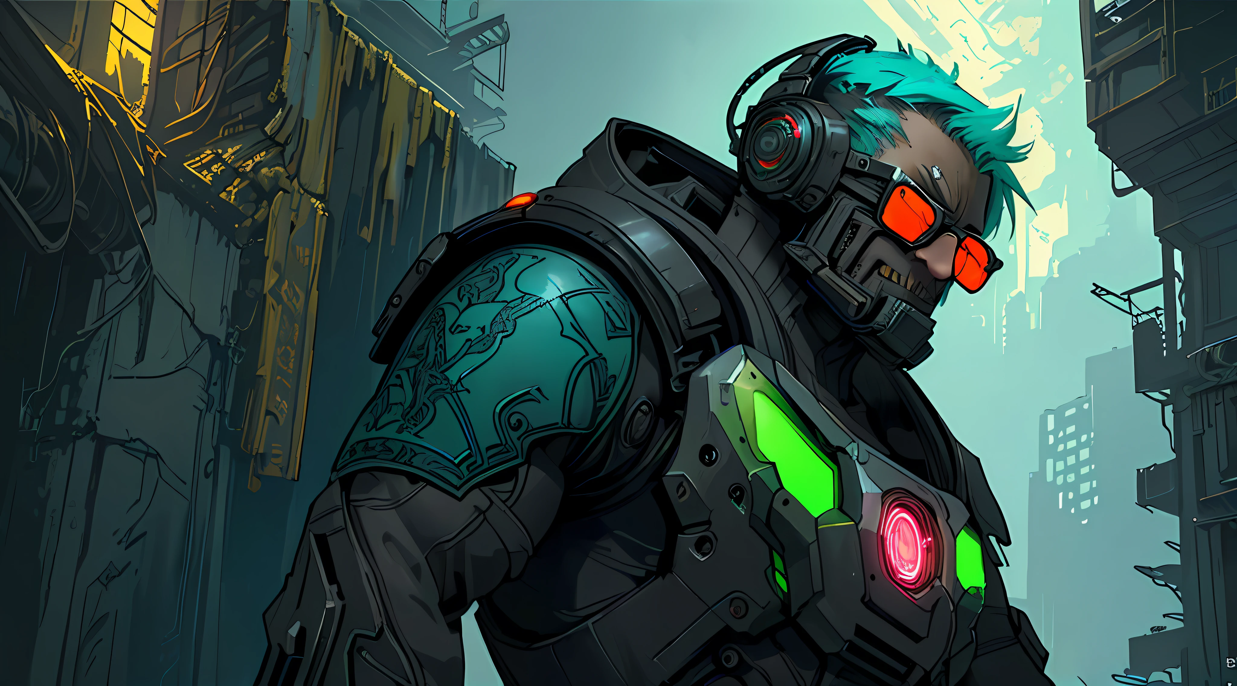 (8k unit wallpaper CG extremely detailed, masterpiece, best quality, ultra-detailed), (((solo))), (((extremely wide shot:1.15)), a futuristic bounty hunter with sci-fi equipment, neon glasses, holding a rifle, (((upper body:1.15)), (high details), (intricate details), colorful, intricate, dark scene, intense environment, sinister, dark, evil, detailed environment, incredible high details, ((matte painting)), highly detailed environment, illustrator, (masterpiece).