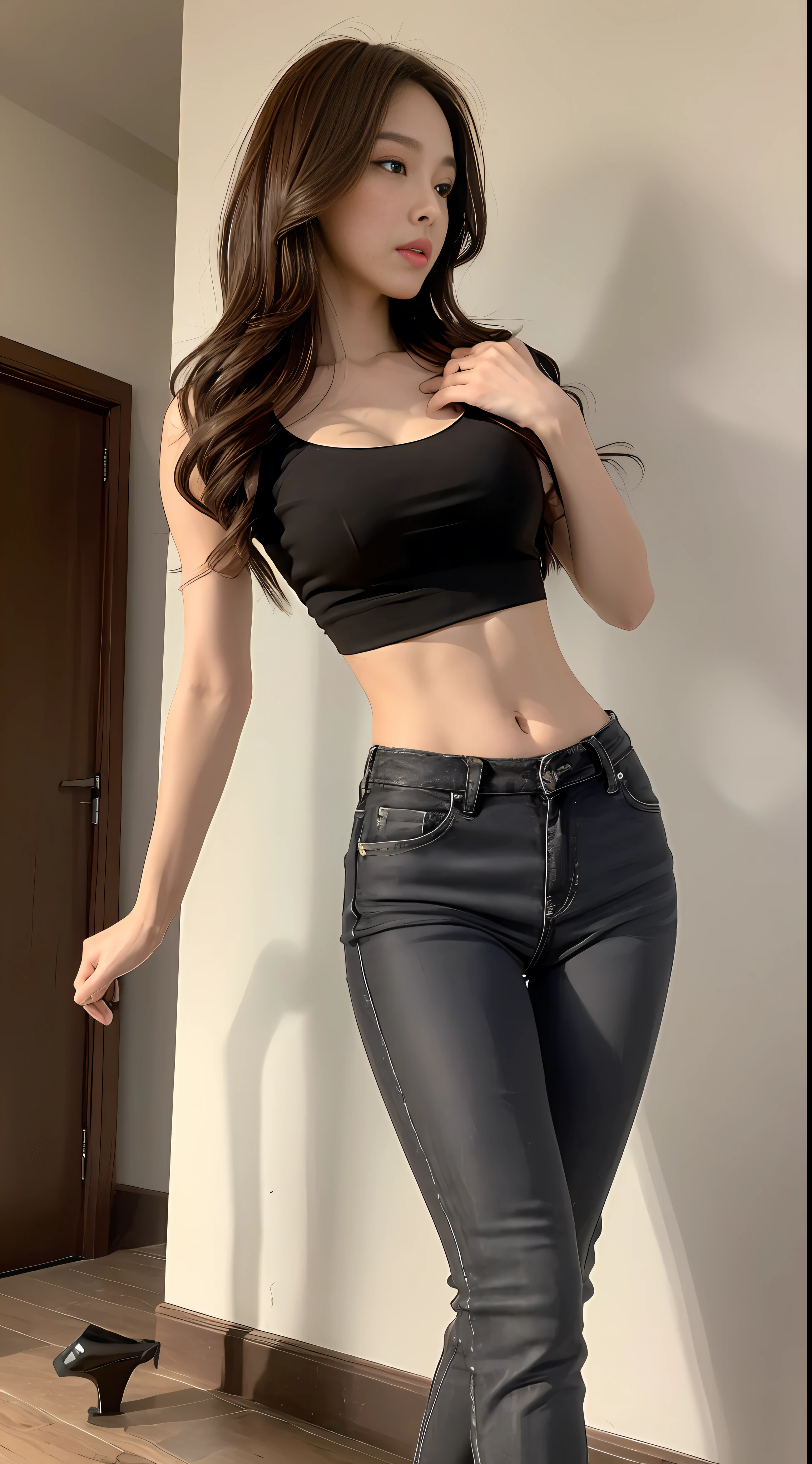 ((Midnight, Best quality, 8k, Masterpiece :1.3)), Whole body, Long legs, Sharp focus :1.2, A pretty woman with perfect figure :1.4, Slender abs :1.1, ((Dark brown hair, Big breasts :1.2)), (Crop top shirt, Low waist pants, Standing:1.2), abs, Highly detailed face and skin texture, Detailed eyes, Double eyelid, high heels, low angle, from below