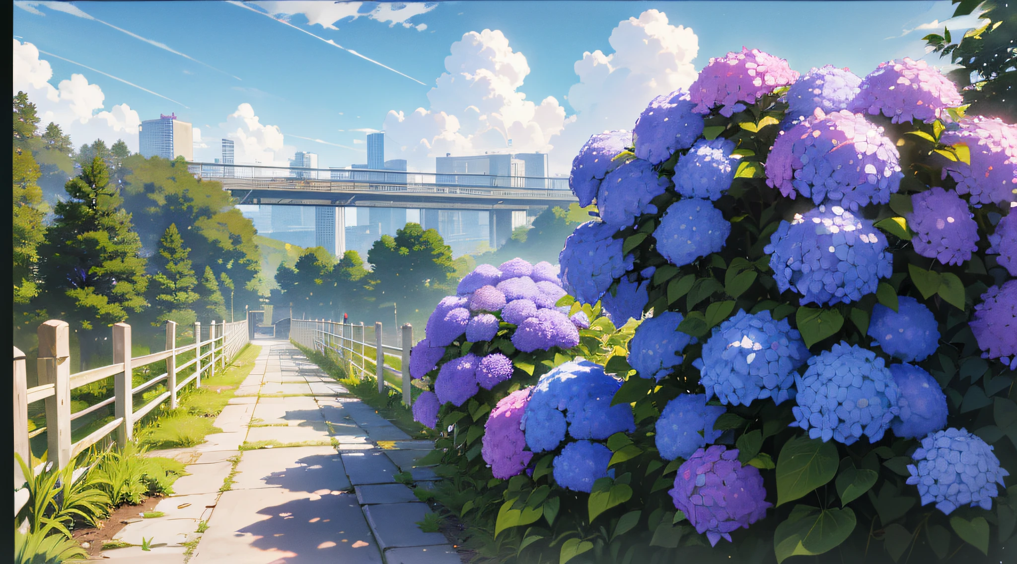(ultra high res,photorealistic,best quality,photo-realistic),(8k,raw photo,best quality,masterplece),(photon mapping,radiosity,physically-based rendering,automatic white balance),real person,photograph,bridge, building, bush, city, cloud, day, door, fence, field,orest, garden, grass, house, hydrangea, mountain, nature, no_humans, outdoors, path, plant, potted_plant, purple_flower, road, scenery, sky, skyscraper, traditional_media, tree, --auto --s2