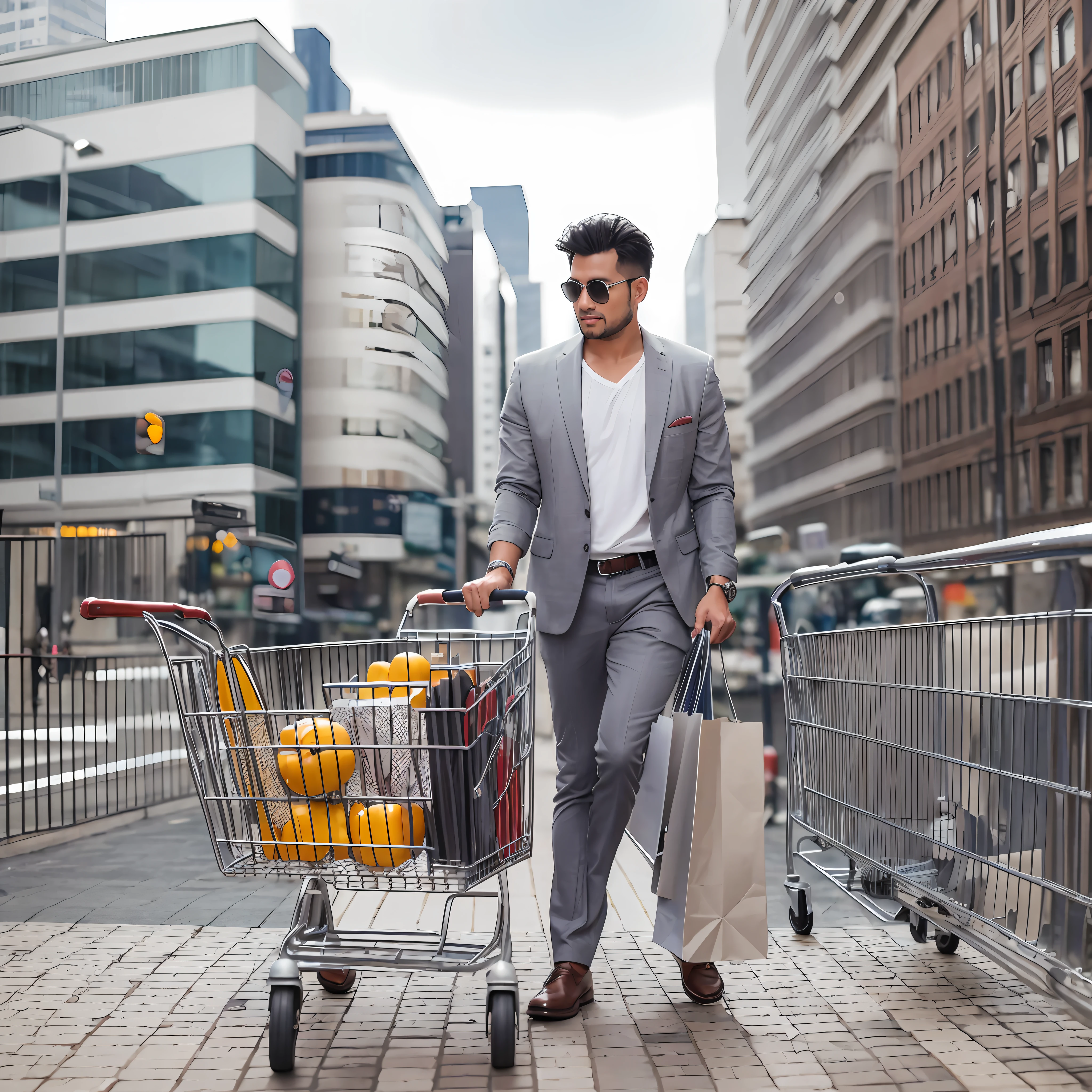 men, casual wear, carts, shopping, gray, urban, tall buildings, contrast, silhouette, shopping cart, fruits, vegetables, food, modern, convenient, prosperous, C4D style, comfort, pleasure. --auto --s2