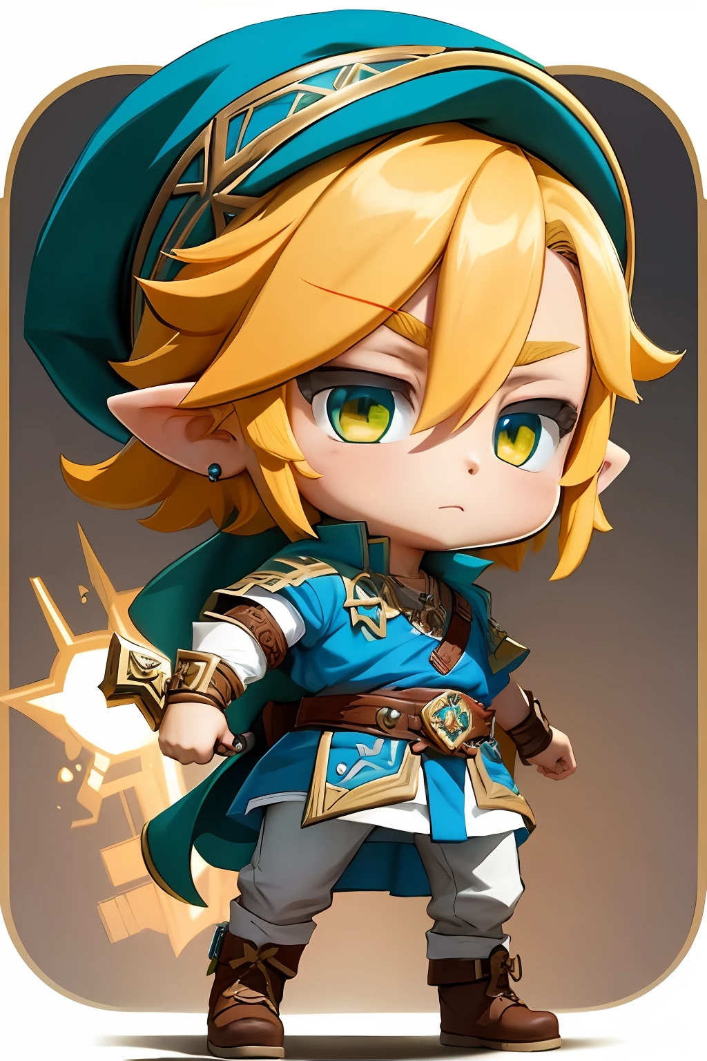 Raw 16k Ultra HD Vivid Colors Masterpiece, best_quality, 1boy, Chibi Style Digital Art, Solo, Link, Zelda Legend, Tunic, Hat,