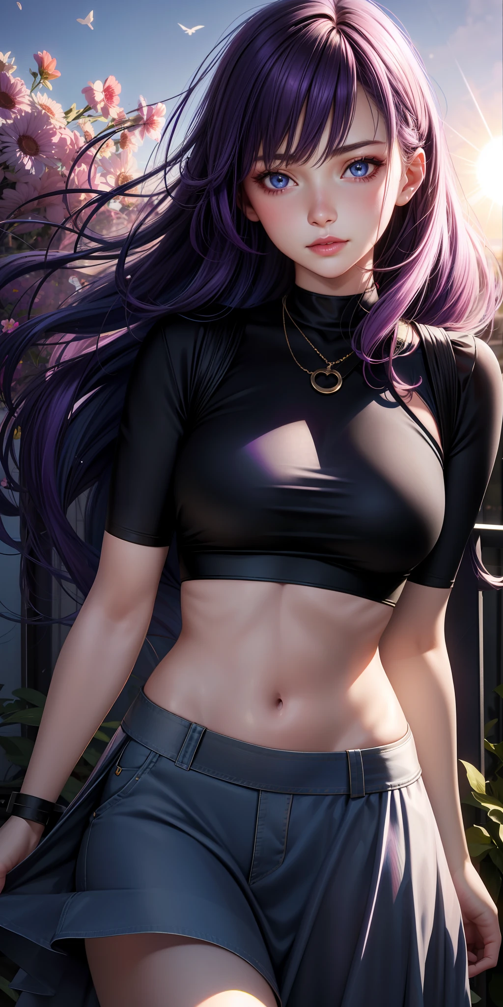 realistic, 1girl, purple hair, blue eyes, bright eyes, cropped top, skirt, lips parted, blush, night, flowers, sun, sunlight,