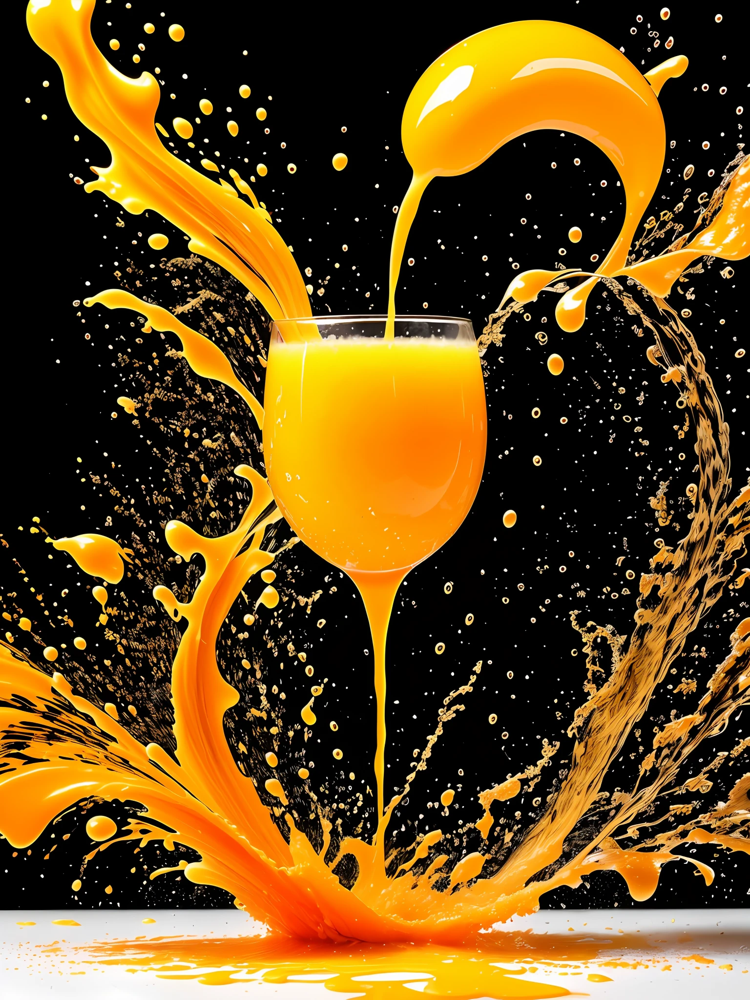there is a splash of orange juice being poured into a glass, spilling juice, high speed photography, slow - mo high speed photography, super high speed photography, paint splash, amazing food photography, culinary art photography, orange extremely coherent, splashes of liquid, splash painting, melting paint, paint pour, food photography 4 k, blender art, splashes