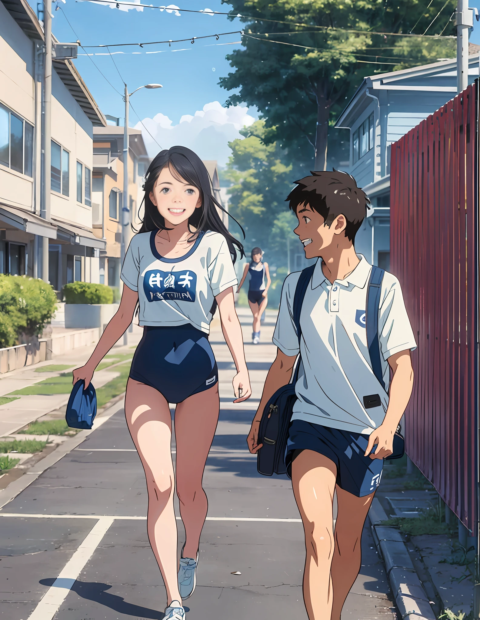 Photo of teenage laughing girl in navy blue school swimsuit and teenage boy in gym uniform white t-shirt and navy blue bikini swimsuit bottoms walking to school hand in hand --auto --s2