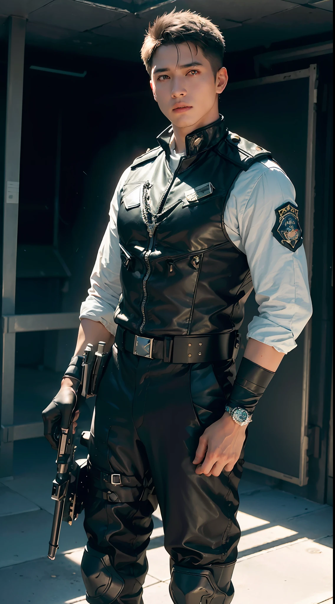 ((Best quality)), ((masterpiece)), (detailed:1.4), ((male)), 3D, an image of a young indonesian man as cops, wearing uniform cops outfit, HDR (High Dynamic Range),Ray Tracing,NVIDIA RTX,Super-Resolution,Unreal 5,Subsurface scattering,PBR Texturing,Post-processing,Anisotropic Filtering,Depth-of-field,Maximum clarity and sharpness,Multi-layered textures,Albedo and Specular maps,Surface shading,Accurate simulation of light-material interaction,Perfect proportions,Octane Render,Two-tone lighting,Wide aperture,Low ISO,White balance,Rule of thirds,8K RAW,