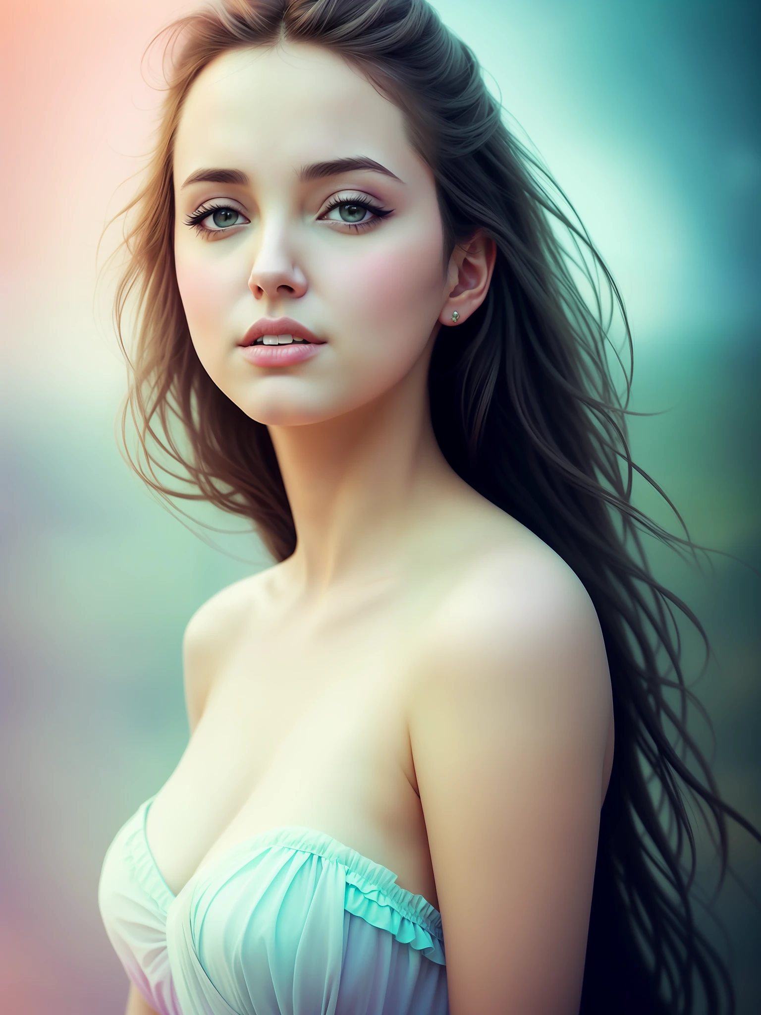 master photographic works, UHD, portrait, [Angelina Jolie: Ana de Armas: 0.4], Dreamy, ethereal,lust,pastel colors, hazy backgrounds, surreal dreams, fantasy stories, impressionist art, fairy tale illustrations, waist shots, low-angle views