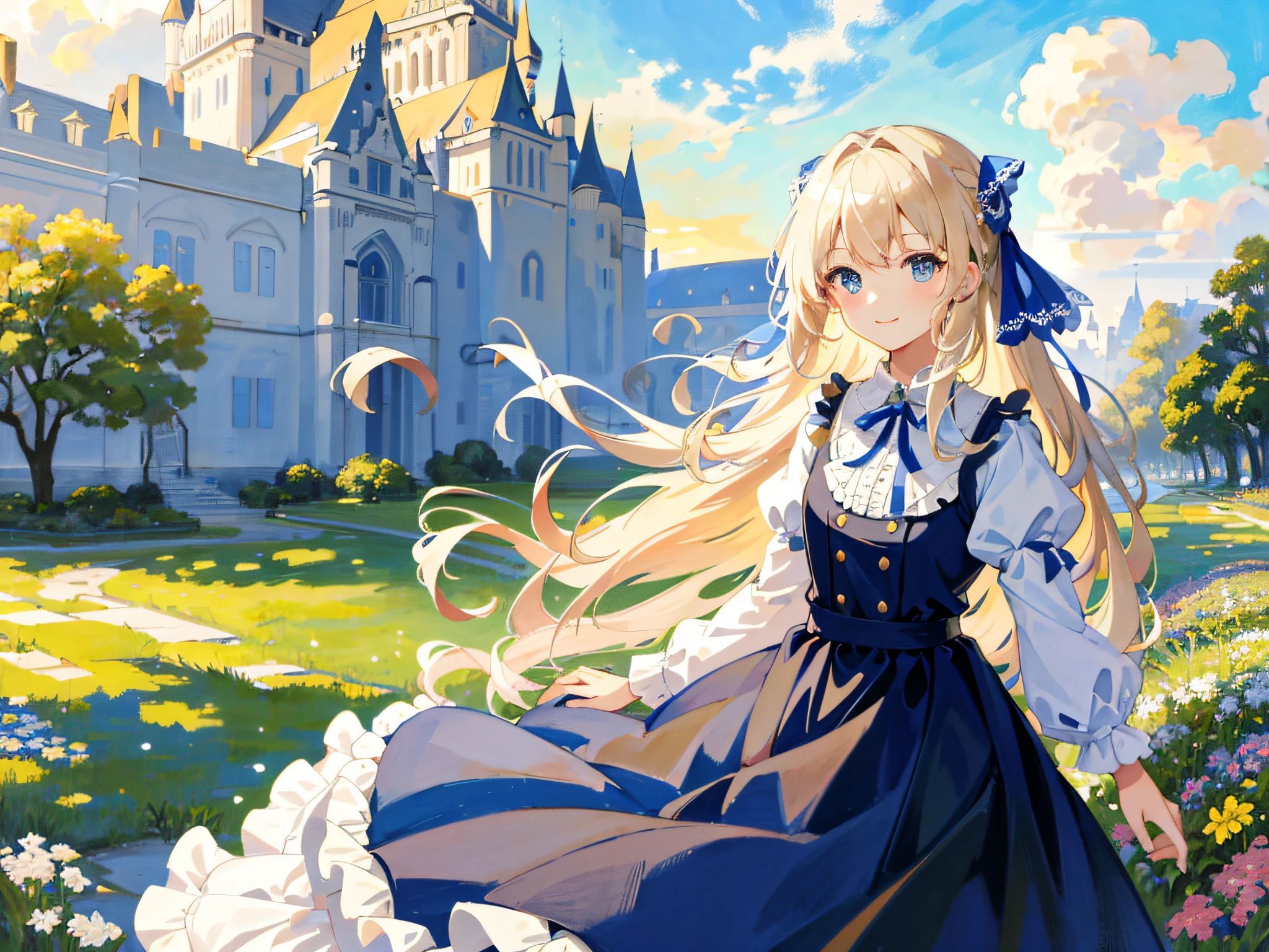 ((masterpiece:1.2, best quality)), 1girl, solo, beige hair, long hair, dress, sunshine, sky, hair ornament, cute clothes, casual clothes, frills, shiny sky, blue eyes, ribbon, smile, hair ribbon, scenery, castle, sea, clouds, loli, [impressionism], [alphonse mucha],