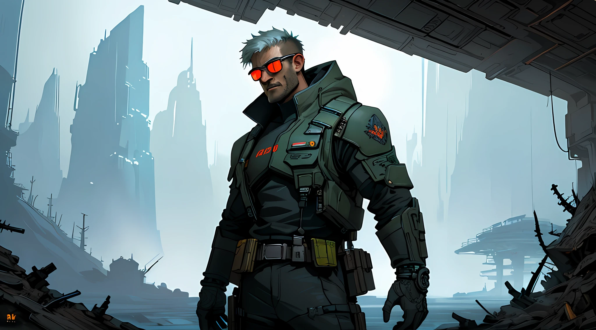 (8k unit wallpaper CG extremely detailed, masterpiece, best quality, ultra-detailed), (((solo))), ((extremely wide shot:1.15)), a futuristic bounty hunter with sci-fi equipment, neon glasses, holding a rifle, (dynamic pose), ((upper body:1.15)), (high details), (intricate details), colorful, intricate, dark scene, intense environment, sinister, dark, evil, detailed environment, incredible high details, ((matte painting)), highly detailed environment, illustrator, (masterpiece).