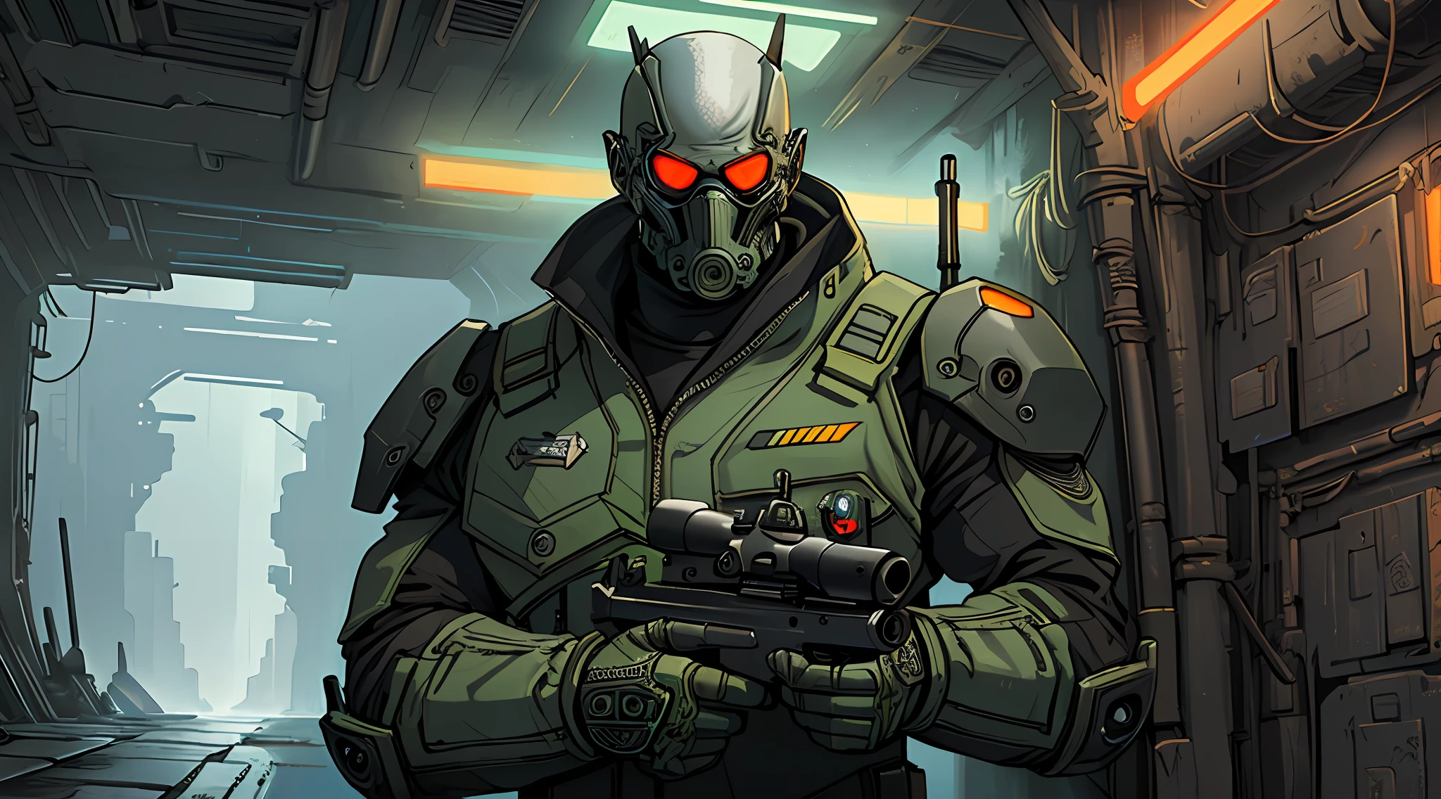 (8k unit wallpaper CG extremely detailed, masterpiece, best quality, ultra-detailed), (((solo))), ((extremely wide shot:1.15)), a futuristic bounty hunter with sci-fi equipment, neon glasses, holding a rifle, (dynamic pose), ((upper body:1.15)), (high details), (intricate details), colorful, intricate, dark scene, intense environment, sinister, dark, evil, detailed environment, incredible high details, ((matte painting)), highly detailed environment, illustrator, (masterpiece).