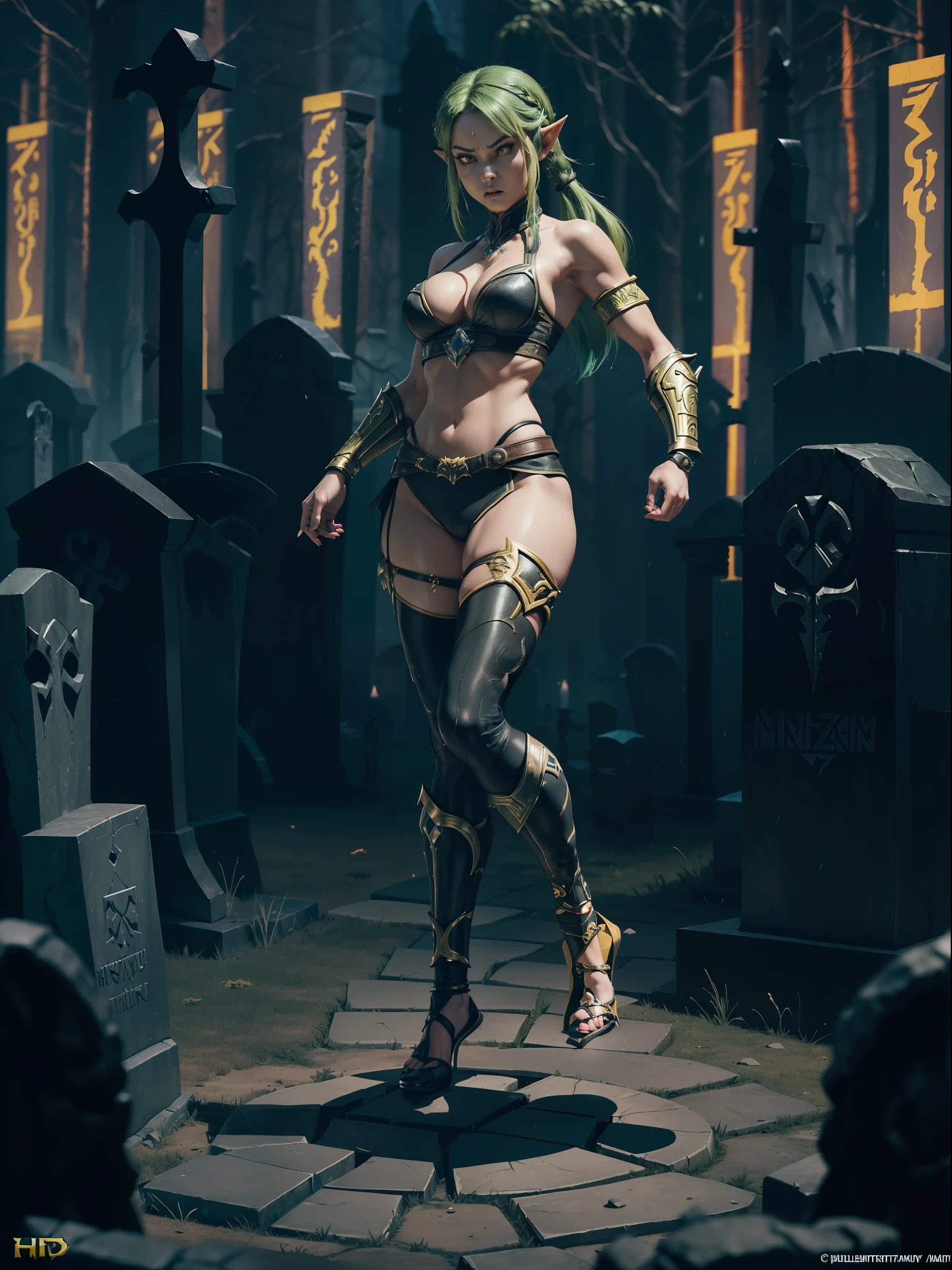 Mortal Kombat, (full body image:2), (1Princess Zelda+standing:1.5), (large breasts+hard, (Wearing Mortal Kombat Game Character Scorpions:color:black+yellow details+Extraordinarily tight on body:1.5), (she's inside a graveyard+tonight+raining very hard:1.5), (blue eyes:1.3), (short green hair:1.3), is looking at the viewer, holding a Katana,  attached to a chain, erotic pose, Eye-Level Shot, Mortal Kombat Style, 16k, best quality, high details, UHD, masterpiece, anatomically correct