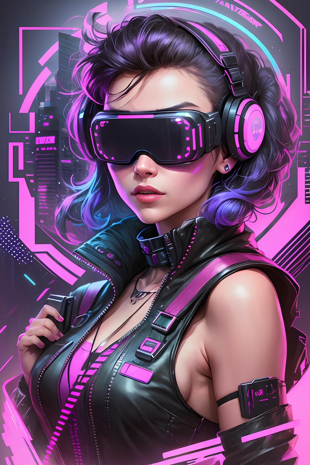 A synthwave style sticker of a beautiful cyberpunk woman wearing a VR headset, the VR headset is covering her eyes --auto --s2