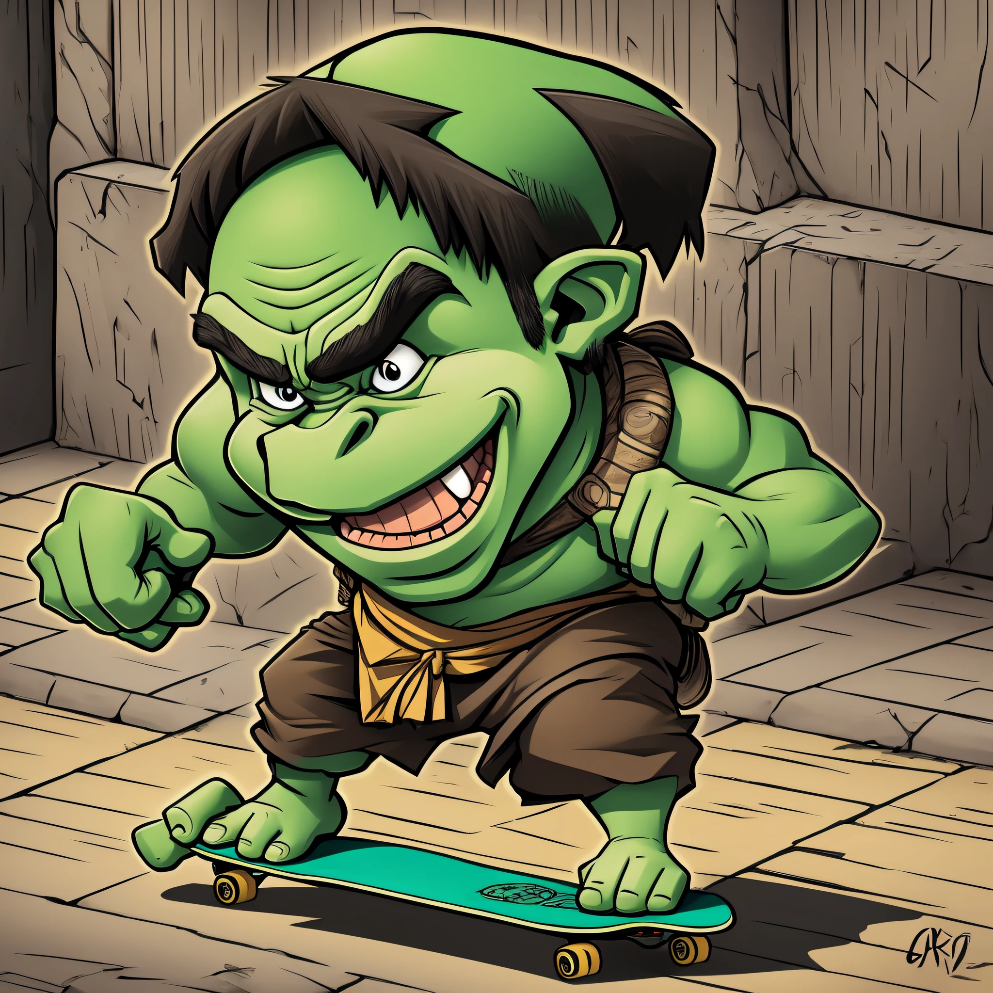 cartoon caricature of an ogre with skateboard in hands life loka bandit --auto --s2
