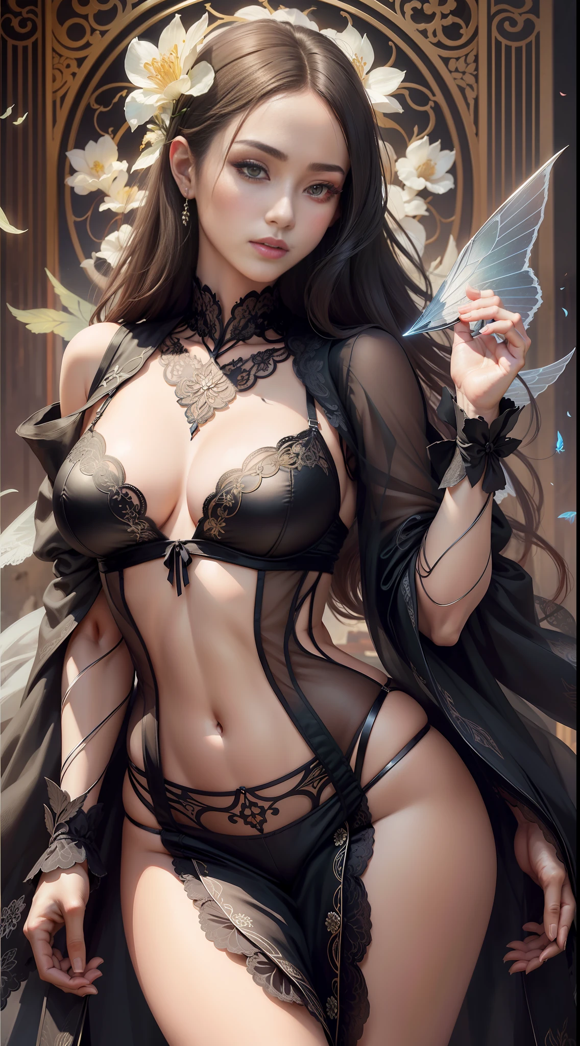 There is a woman wearing a white top and black jacket, intricate and detailed lace suit, alluring lingerie camisole vest, wing lace costume, blade wing lace costume, lace, flower butterfly vest, white lace, white lace costume, lace, lace lingerie, bralet, fancy top, alluring camisole vest, wearing a camisole vest, elegant and seductive pose, oriental art nouveau, fantasy long and complex dress, rainbow shiny sheer lingerie, satin, lace-up underwear, ultra-realistic realistic style, original camera quality,