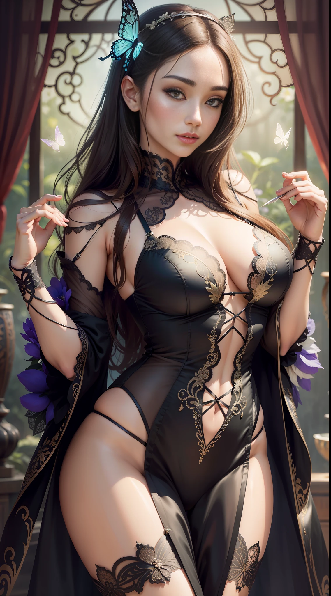 There is a woman wearing a white top and black jacket, intricate and detailed lace suit, alluring lingerie camisole vest, wing lace costume, blade wing lace costume, lace, flower butterfly vest, white lace, white lace costume, lace, lace lingerie, bralet, fancy top, alluring camisole vest, wearing a camisole vest, elegant and seductive pose, oriental art nouveau, fantasy long and complex dress, rainbow shiny sheer lingerie, satin, lace-up underwear, ultra-realistic realistic style, original camera quality,