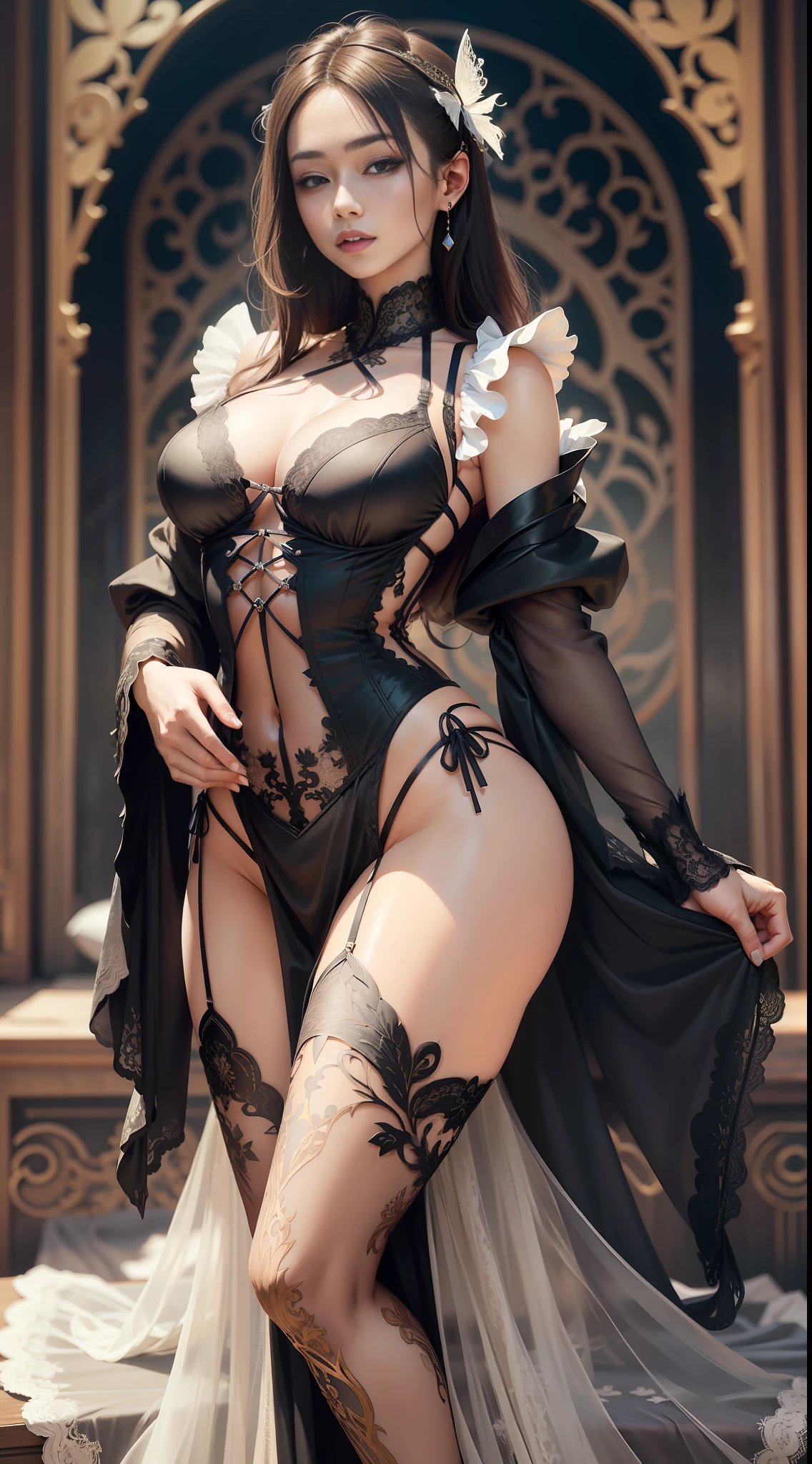 There is a woman wearing a white top and black jacket, intricate and detailed lace suit, alluring lingerie camisole vest, wing lace costume, blade wing lace costume, lace, flower butterfly vest, white lace, white lace costume, lace, lace lingerie, bralet, fancy top, alluring camisole vest, wearing a camisole vest, elegant and seductive pose, oriental art nouveau, fantasy long and complex dress, rainbow shiny sheer lingerie, satin, lace-up underwear, ultra-realistic realistic style, original camera quality,