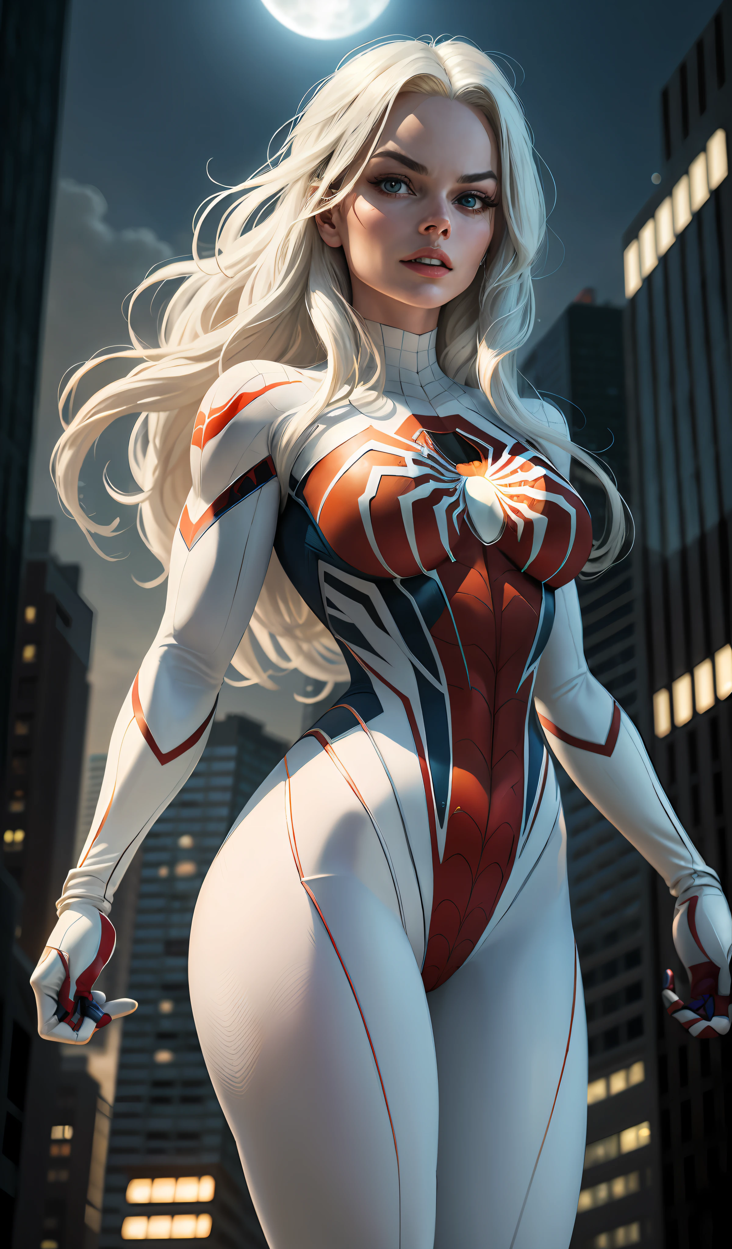 Margot Robbie (Masterpiece, 4k resolution, ultra-realistic, very detailed), (White superhero theme, charismatic, there's a girl at the top of town, wearing Spider-Man costume, she's a superhero), [ (25 years), (long white hair:1.2), full body, (blue eyes:1.2), ((Spider-Man pose),show of strength, jumping from one building to another), ((sandy urban environment):0.8)| (cityscape, at night, dynamic lights), (full moon))] # Explanation: The Prompt mainly describes a 4K painting of ultra-high definition, very realistic, very detailed. It shows a superheroine at the top of the city, wearing a Spider-Man costume. The theme in the painting is a white superhero theme, the female protagonist has long white hair, is 25 years old and her entire body is shown in the painting. In terms of portraying the actions of superheroines, spiders are employed