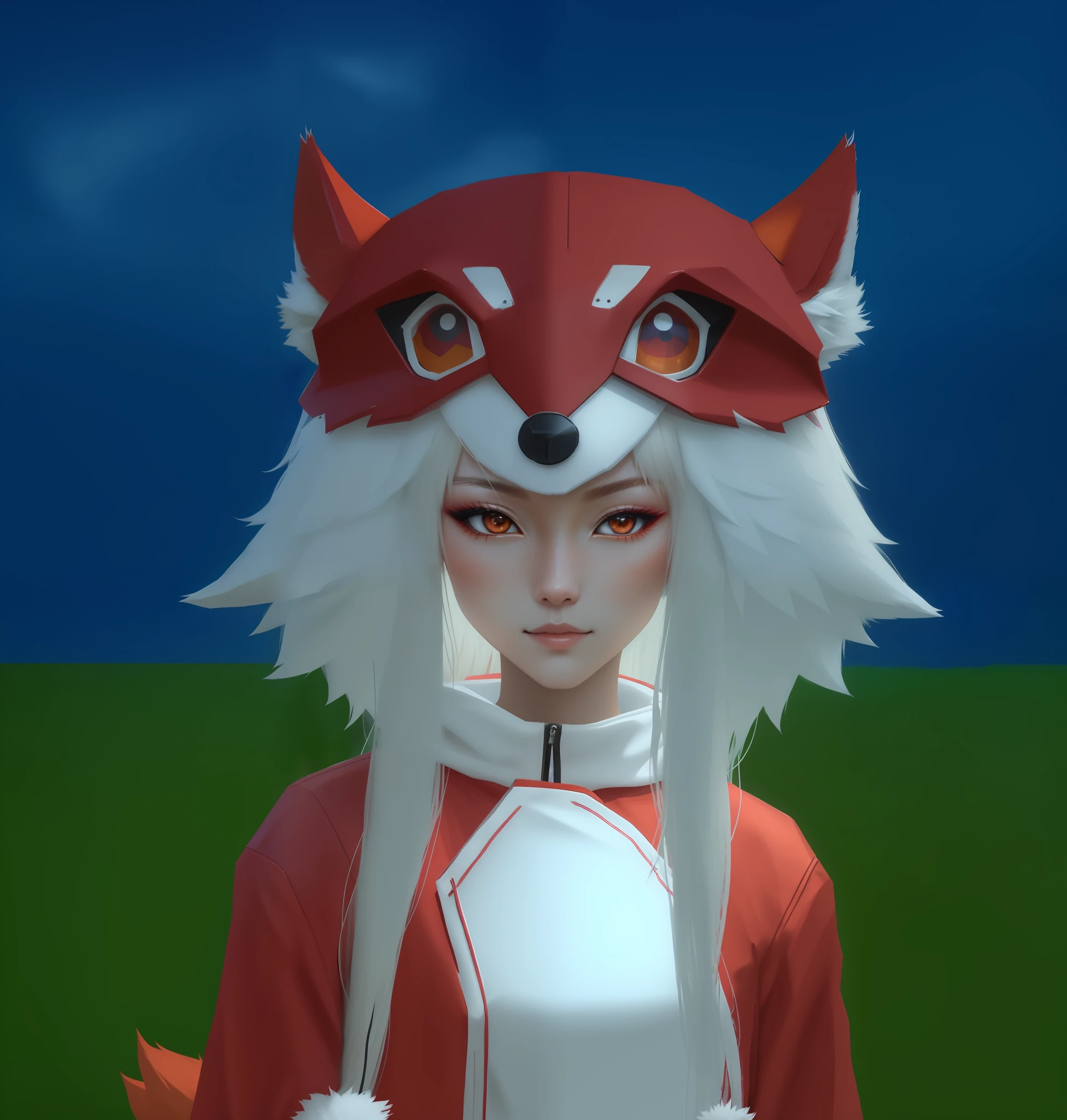 a close up of a person wearing a fox mask and a red jacket, with kitsune mask, kitsune mask on head, fox nobushi, foxgirl, kitsune, girl with fox ears, wearing a kitsune mask, a beautiful fox lady, a beautiful kitsune woman, holo is a wolf girl, female fox, kitsune mask, fox ears