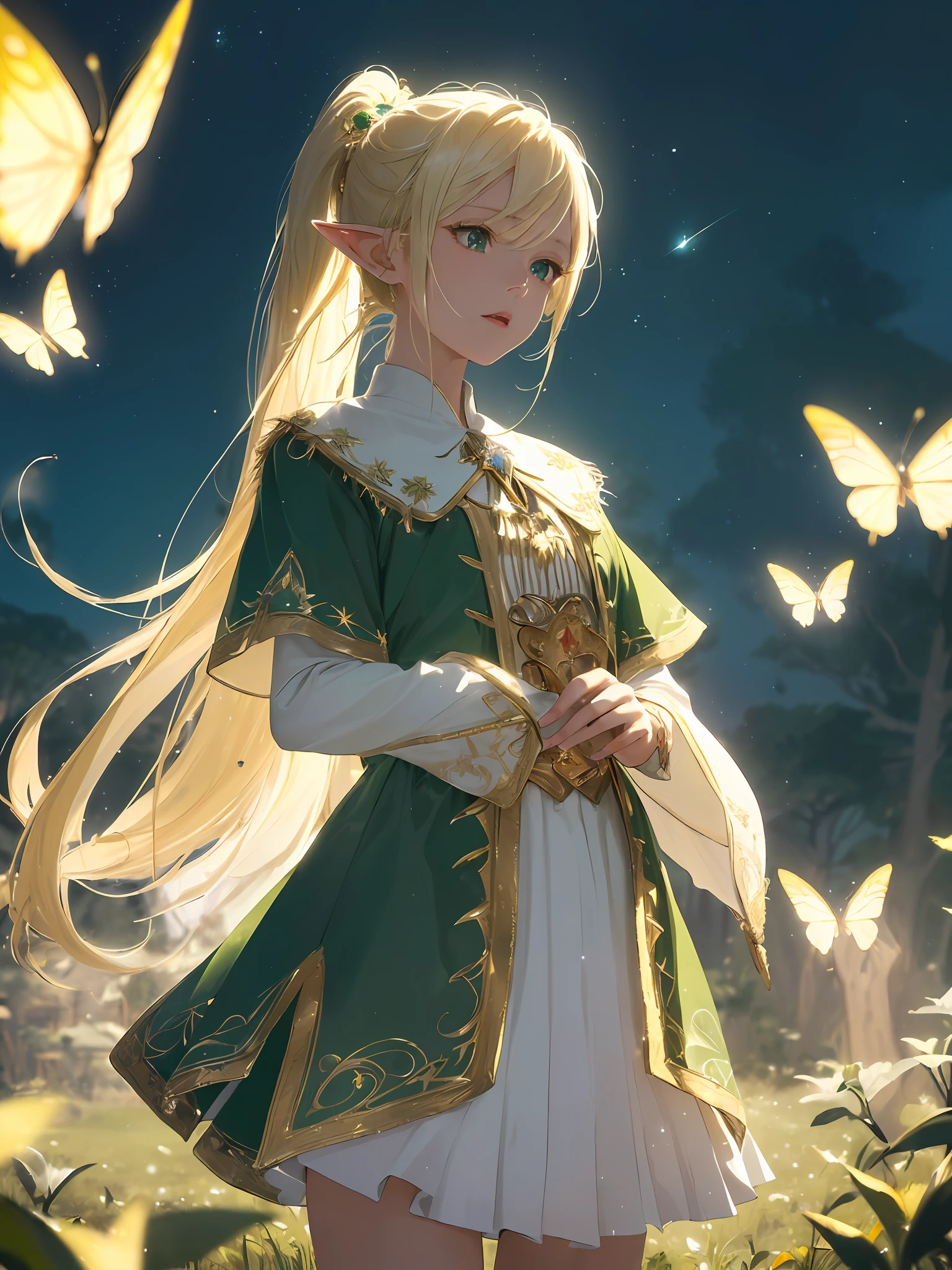 (((Masterpiece, highest quality, high definition, high detail)))), (((((Fantasy)))), one, (Elf woman)))), (white short skirt with gold embroidery), (blonde long straight ponytail), (glossy dark green eyes), (green surcoat embroidered with gold), (green cape embroidered with gold), big, (pale moonlight)), (grassland)), (hands on chest))), (Close your eyes)), ((Sing with your mouth open)), tilt your head, (breeze), Many glowing butterflies flying from the ground, Moonlight butterflies flying around in the night sky, (((Many particles of light floating in the air)), (((cowboy shot))