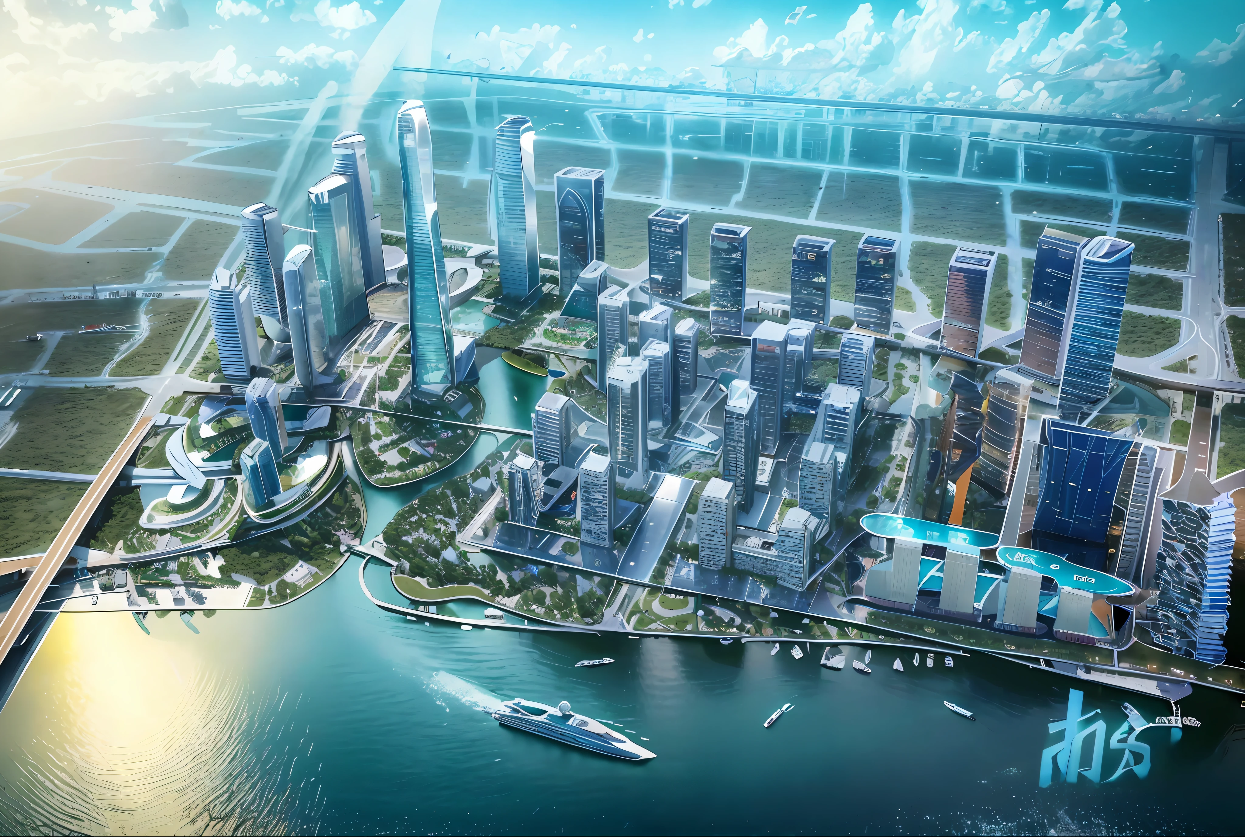 City skyline view, a river in the foreground, Guangzhou city, Guangzhou, China, skyline display, skyline, from China, trend, 3D model HD rendering, architectural rendering, Unreal Engine rendering, surrealism, skyscrapers, soothing tones, chinese dreamland, octane rendering, spectacular clouds, fantasy clouds. Huancheng, Guangzhou Financial City. Chinese architecture,. The bustling tech building is beyond imagination, visionary (wide-angle lens), ultra-high quality, and enhanced detail. Extremely detailed CG Unity 8k wallpapers, aesthetics, award-winning photography, realism, high detail, intricacies, art of travel, realistic 3D animation style, landscape concept art, ultra-high resolution (realism: 1.6), aesthetics, focus, high quality, vivid colors, stunning reflections, crystal clear water, award-winning photography, 3D lighting and beautiful cinematic lighting. Rich Detail, Aerial View, Top View, Bird's Nest Oval Building, Realism, High Detail, Sunlight, DSLR, Soft Light, High Definition, Movie Particles, Afternoon, Evening, Global Light, Sunset, Noon, Green