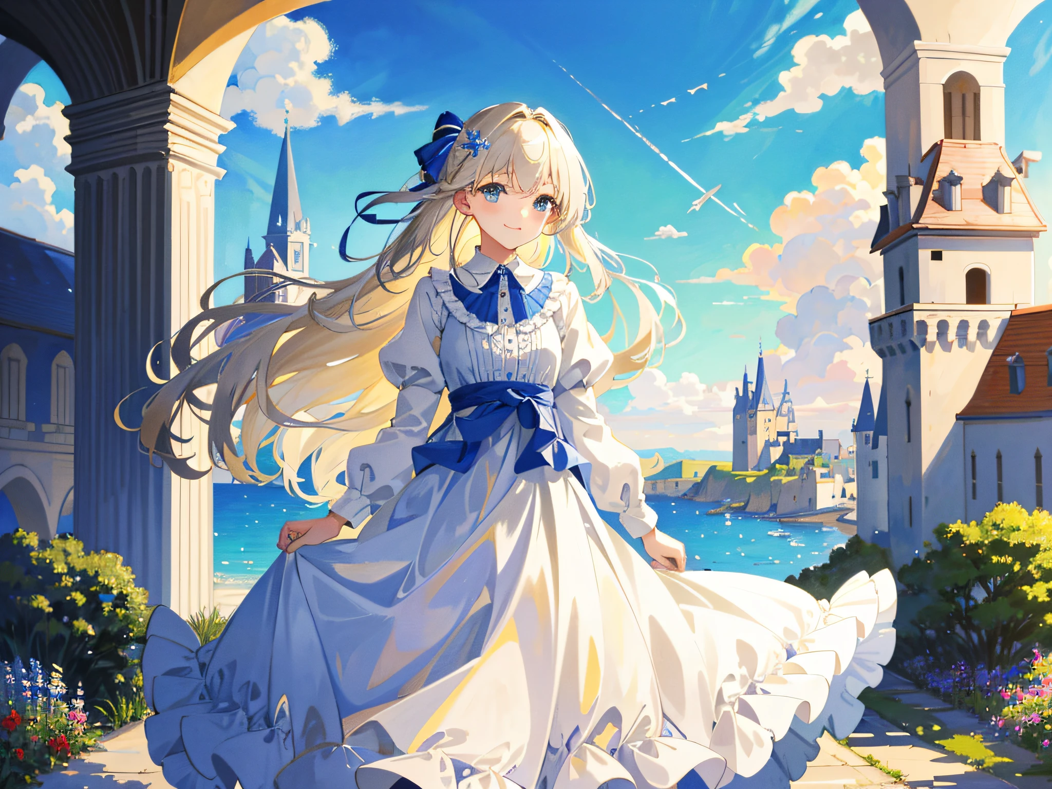 ((masterpiece:1.2, best quality)), 1girl, solo, beige hair, long hair, dress, sunshine, sky, hair ornament, cute clothes, casual clothes, frills, shiny sky, blue eyes, ribbon, smile, hair ribbon, scenery, castle, sea, clouds, loli, [impressionism], [alphonse mucha],
