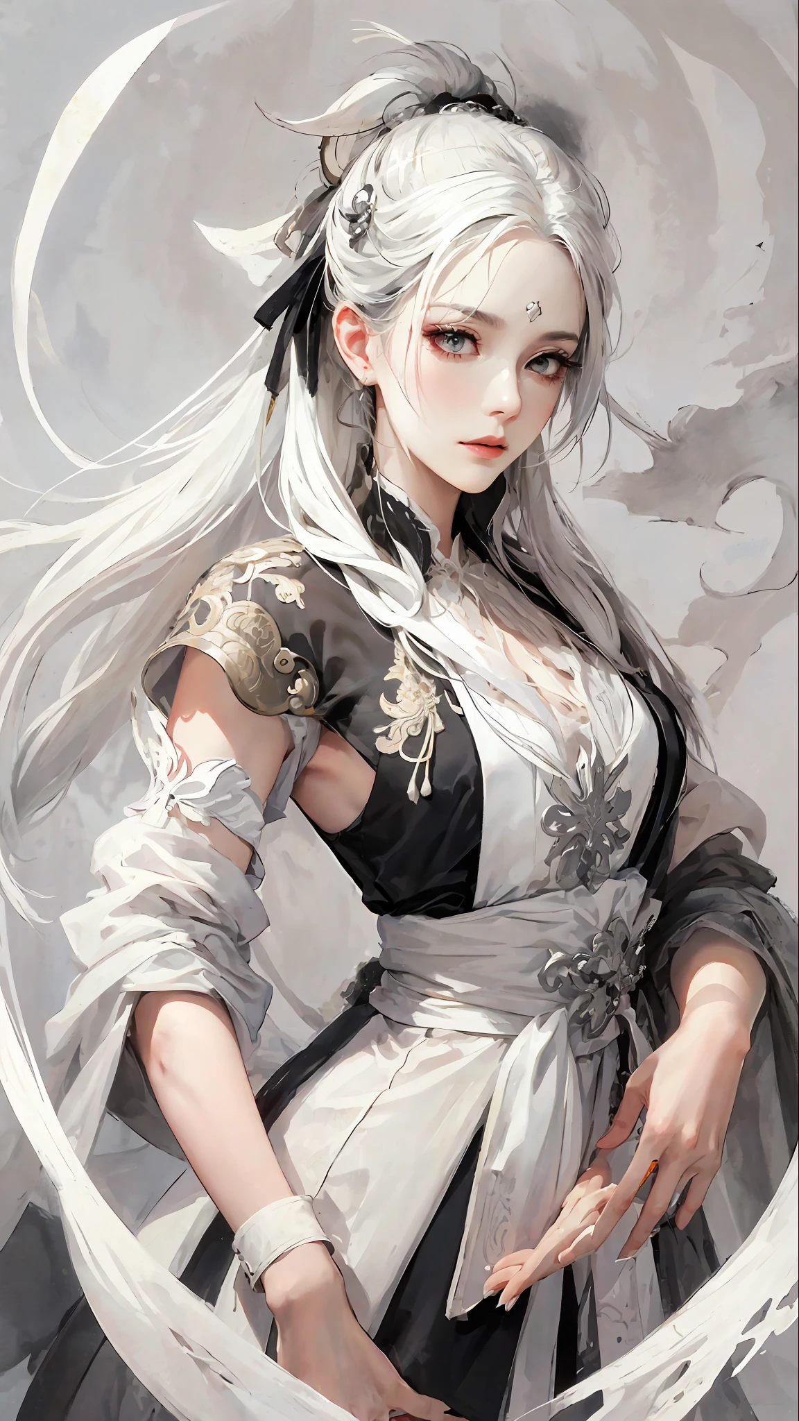 Close-up of a woman with white hair and white mask, beautiful character painting, costume black and white ink style, face delicate color, watercolor, light color, martial arts style, national style, detailed beautiful face, waist seal, sharp eyes