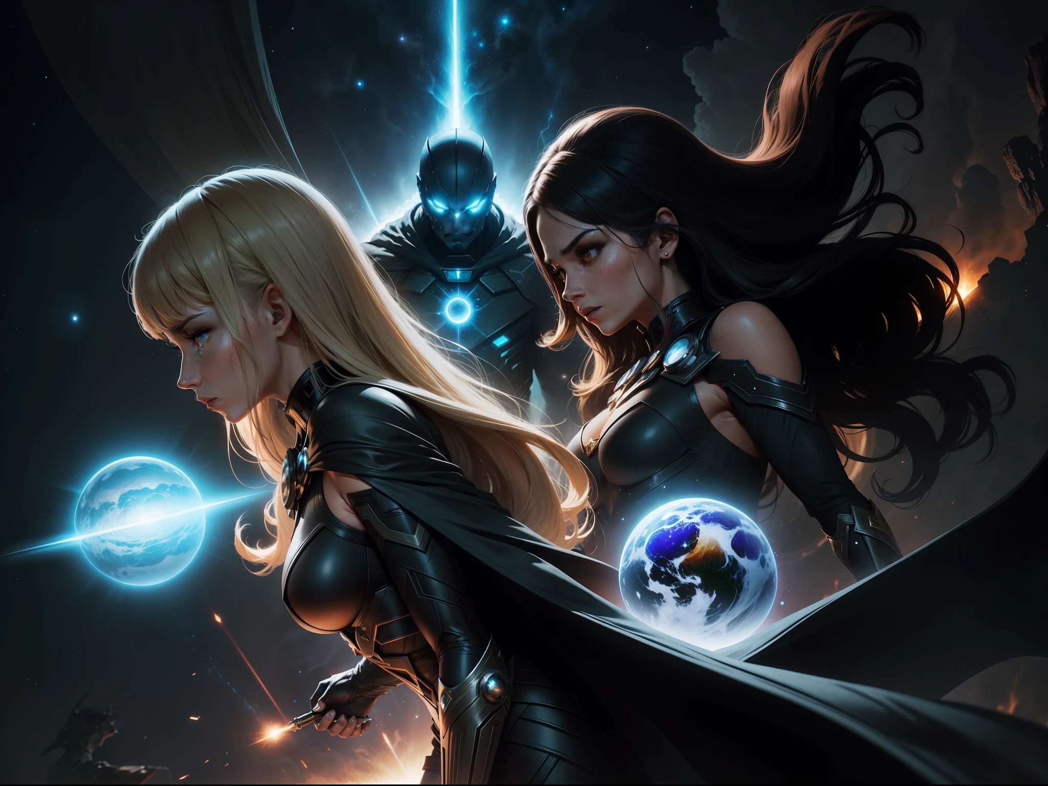 Imagine an image depicting a distant star system filled with bright stars and exotic planets. In the center of the image, highlight the Earth, representing humanity expanding into space. Draw futuristic spaceships leaving Earth and venturing into star systems, symbolizing galactic exploration.

Around the star system, introduce a dark and sinister entity, representing the threat that hangs over humanity. This cosmic entity must be represented as a dark and menacing form, shrouded in shadows that consume the light of the stars.

To contrast the darkness, include elements of hope and resistance. Add the image of the League of Star Protectors, a group of cosmic heroes, in a prominent position. They must be depicted in futuristic and powerful costumes, each displaying their unique abilities.

Finally, add visual details that represent the impending battle between light and darkness. Paint rays of light and cosmic energy erupting from the group of heroes and colliding with the shadows of the evil entity. Create a mood of tension and action, conveying the feeling of an epic fight about to happen.