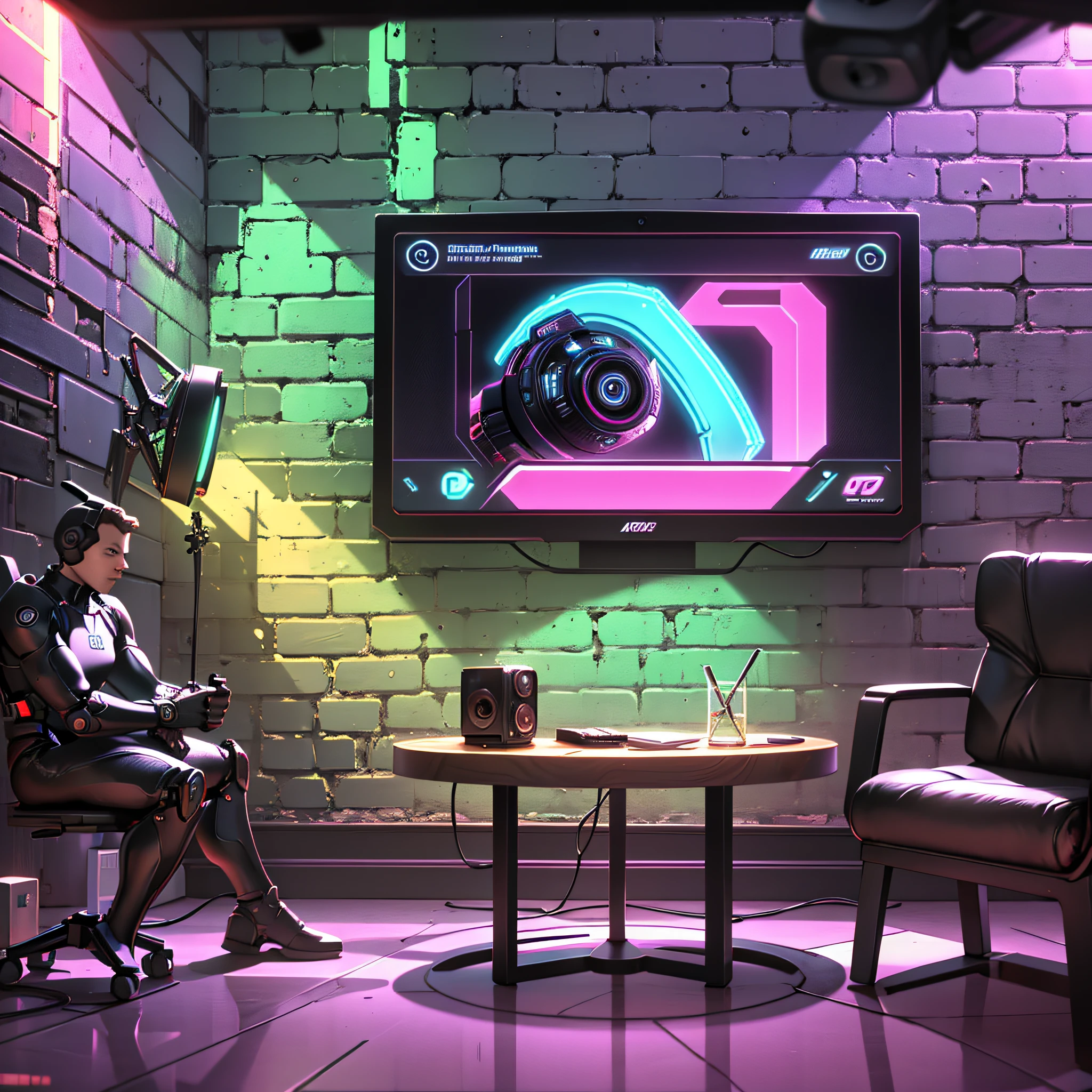 A vibrant and unique environment to record your podcast. The room is illuminated by lilac lights, a neon ray led, creating a futuristic atmosphere. The brick wall serves as a chrome backdrop for your videos. A bookshelf displays, action figures and digital art in NFT format. In the background, this combination of elements, pop culture, and technology creates a memorable and engaging backdrop for your podcast videos. --auto --s2