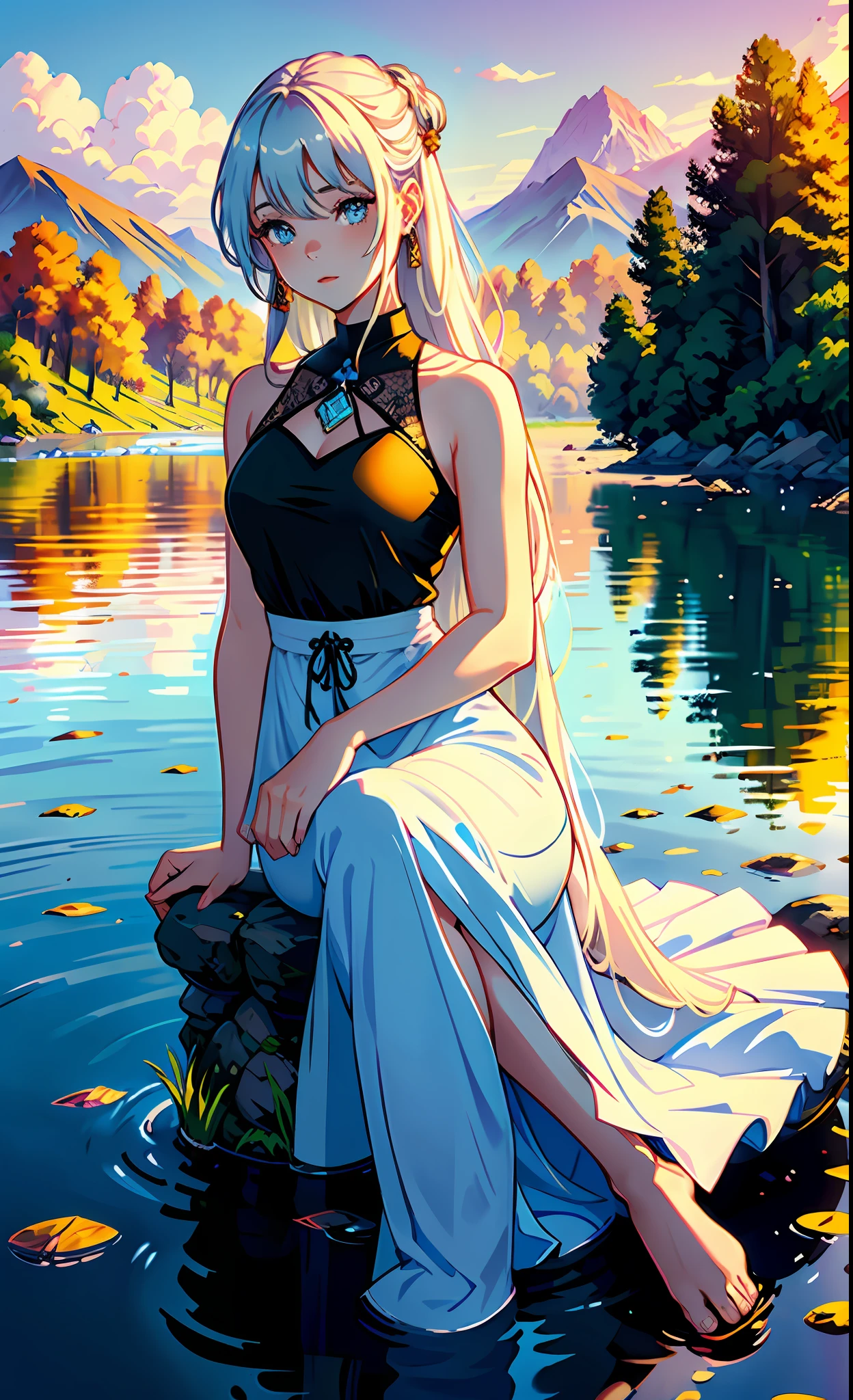1 girl, serene expression, mesmerizing eyes, straight long hair, flowing dress, poised posture, porcelain skin, subtle blush, crystal pendant
BREAK
golden hour, (rim lighting):1.2, warm tones, sun flare, soft shadows, vibrant colors, painterly effect, dreamy atmosphere
BREAK
scenic lake, distant mountains, willow tree, calm water, reflection, sunlit clouds, peaceful ambiance, idyllic sunset, ultra detailed, official art, unity 8k wallpaper
, zentangle, mandala