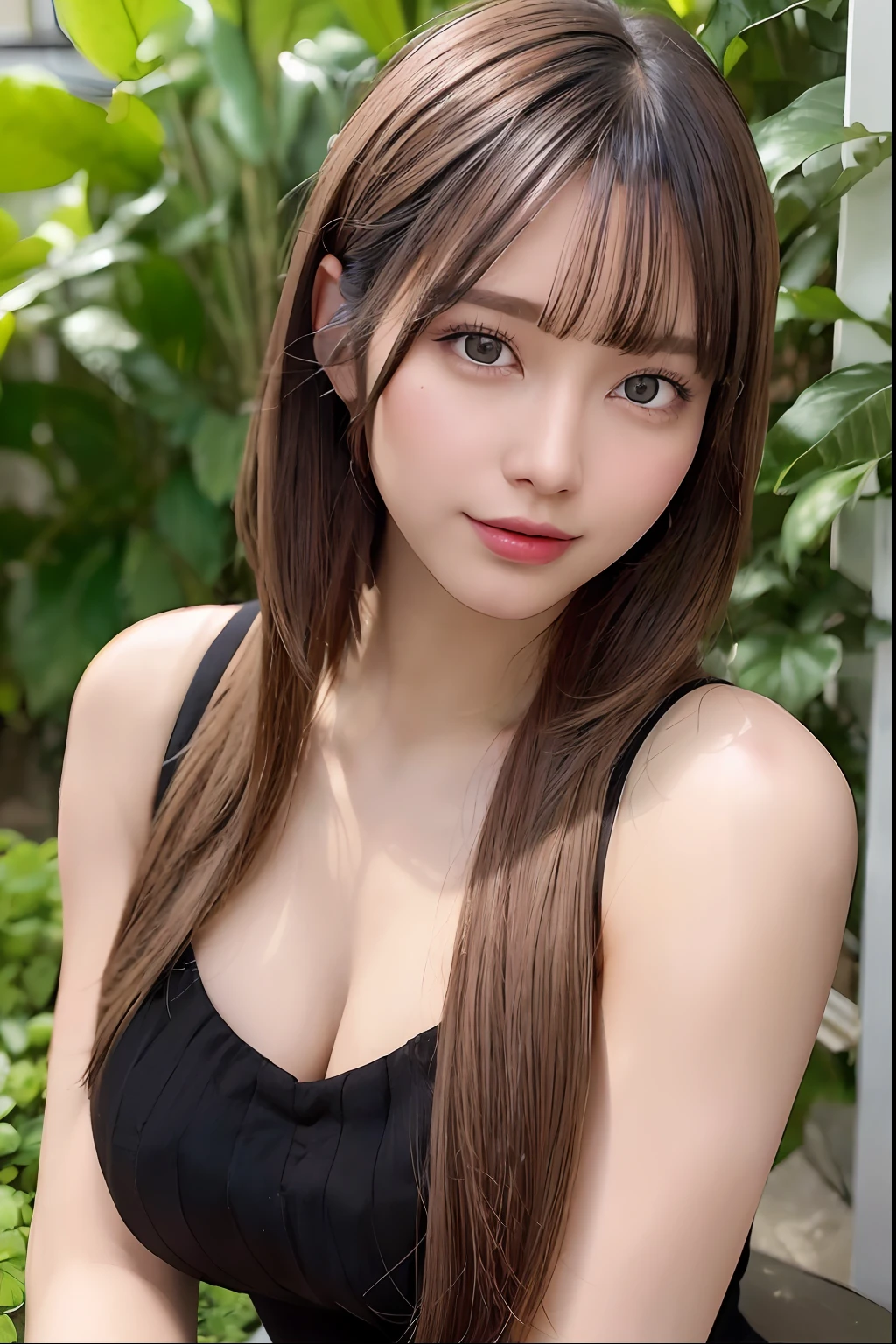 ((Best Quality:1.2, 8k, photo realistic:1.4, Masterpiece:1.2, super fine :1.2, caustics:1,2, a beautiful women, Highly Detailed face Textures, detailed beauty makeup, realistic skin, detailed bangs)), (Overalls:1.2), (greenhouse background), (kind smile), (detailed shiny black and light brown two-tone hair pulled back hair), gravure pose,