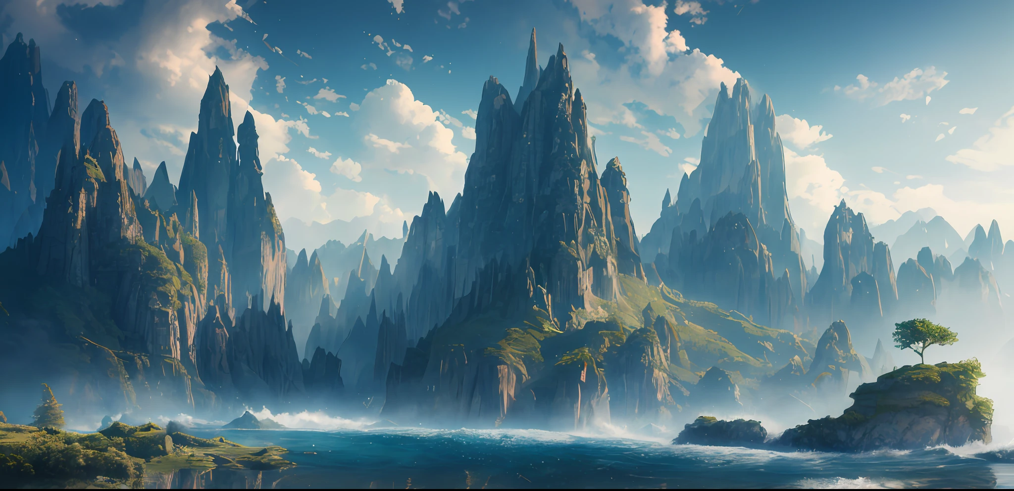 Masterpiece, best quality, high quality, extremely detailed CG unity 8k wallpaper, landscape, outdoor, sky, clouds, sky, no humans, mountain, landscape, water, tree, blue sky, waterfall, cliff, nature, lake, river , cloudy skies, award winning photography, bokeh, depth of field, HDR, bloom, chromatic aberration, photorealism, very detailed, trending on artstation, trending on CGsociety, intricate, high detail, dramatic, half way art