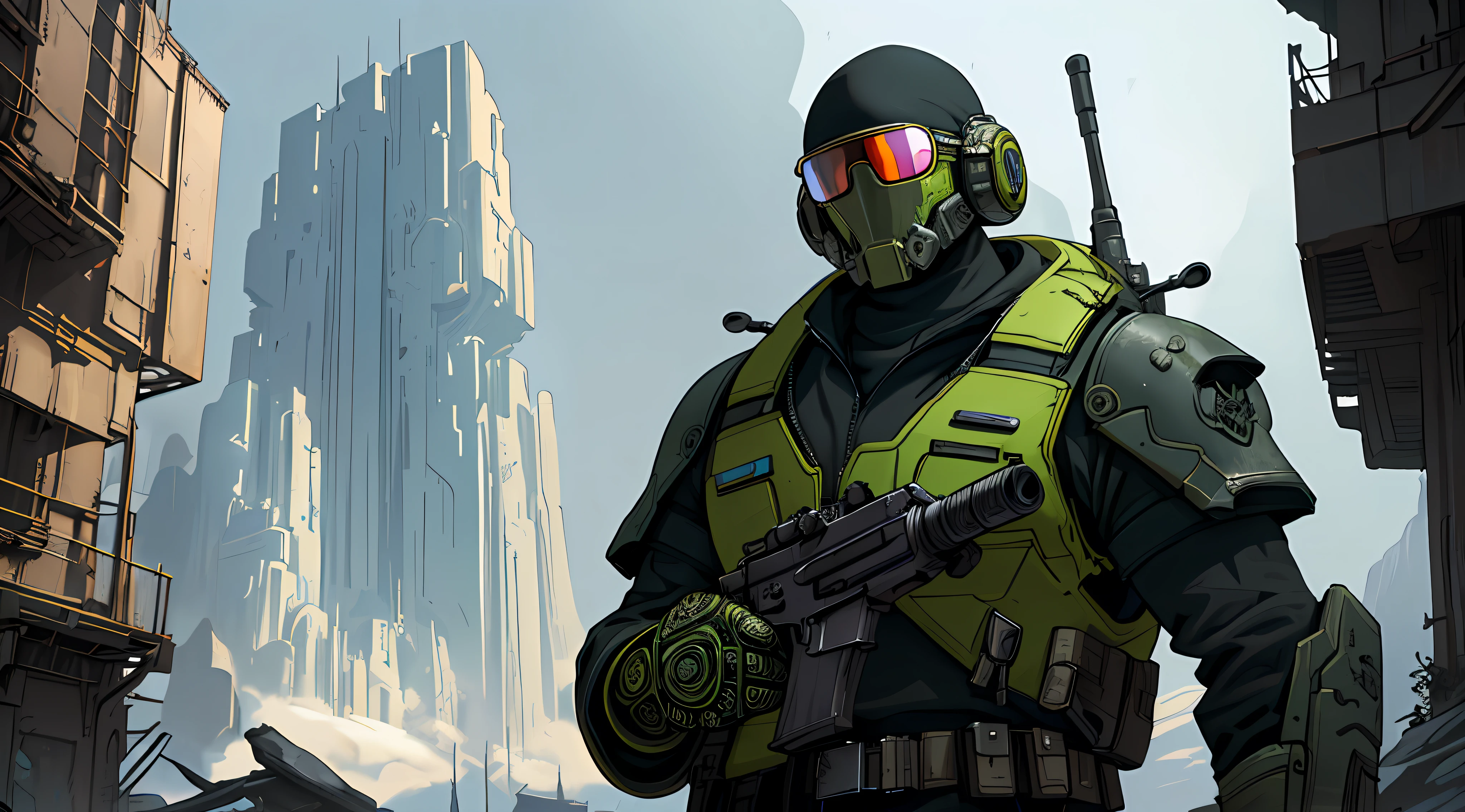 (8k unit wallpaper CG extremely detailed, masterpiece, best quality, ultra-detailed), (((solo))), ((extremely wide shot:1.15)), a futuristic bounty hunter with sci-fi equipment, neon glasses, holding a rifle, (dynamic pose), ((upper body:1.15)), (high details), (intricate details), colorful, intricate, dark scene, intense environment, sinister, dark, evil, detailed environment, incredible high details, ((matte painting)),  highly detailed environment, illustrator, (masterpiece).