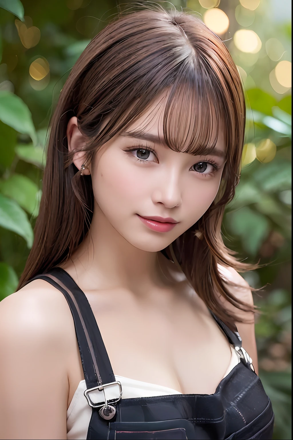 ((Best Quality:1.2, 8k, photo realistic:1.4, Masterpiece:1.2, super fine :1.2, caustics:1,2, a beautiful women, Highly Detailed face Textures, detailed beauty makeup, realistic skin, detailed bangs)), (Overalls:1.2), (greenhouse background), (kind smile), (detailed shiny black and light brown two-tone hair pulled back hair), gravure pose,