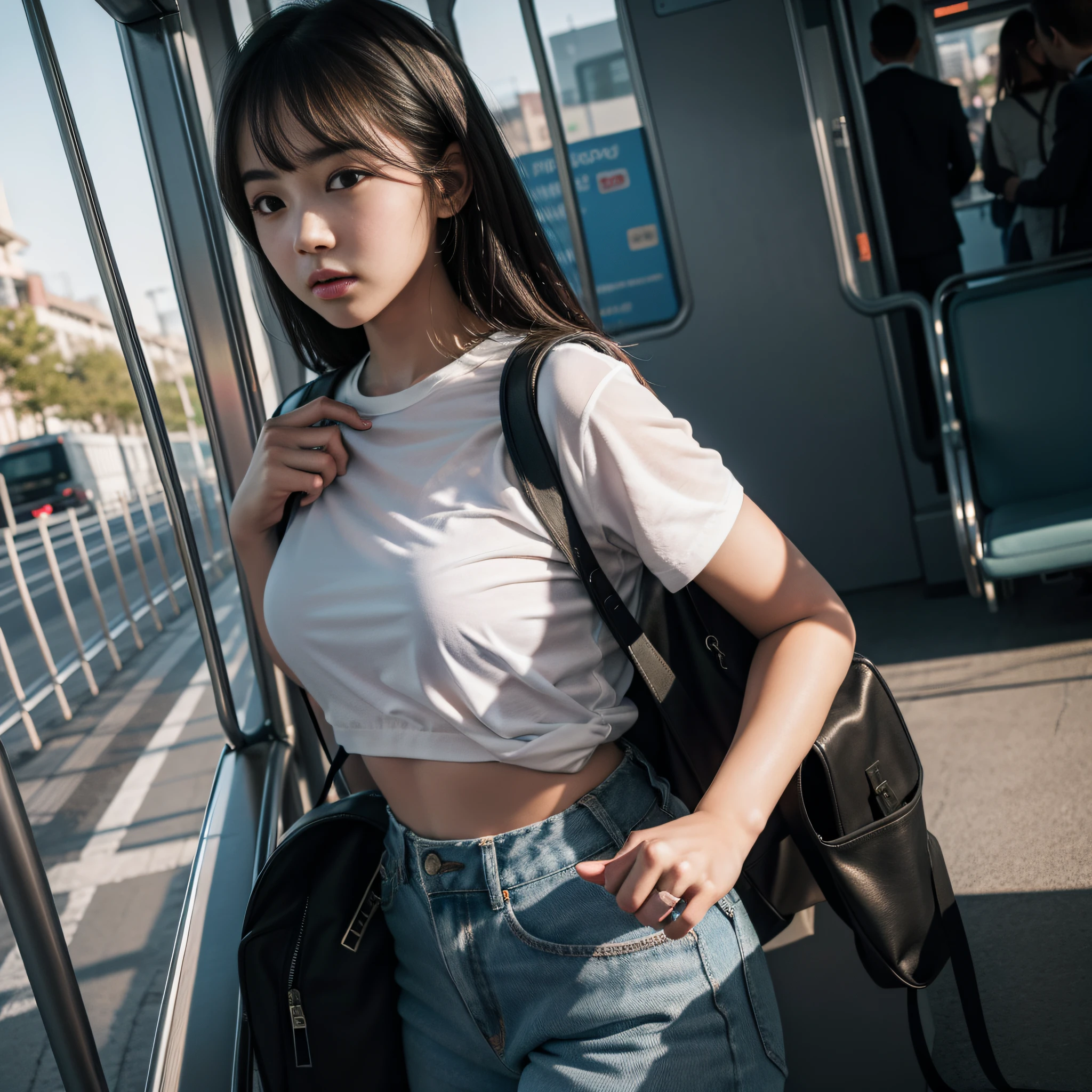 (8k, RAW photo, best quality, masterpiece: 1.7), (realistic, photorealistic: 1.7), 1 high school girl, commuting, voyeur