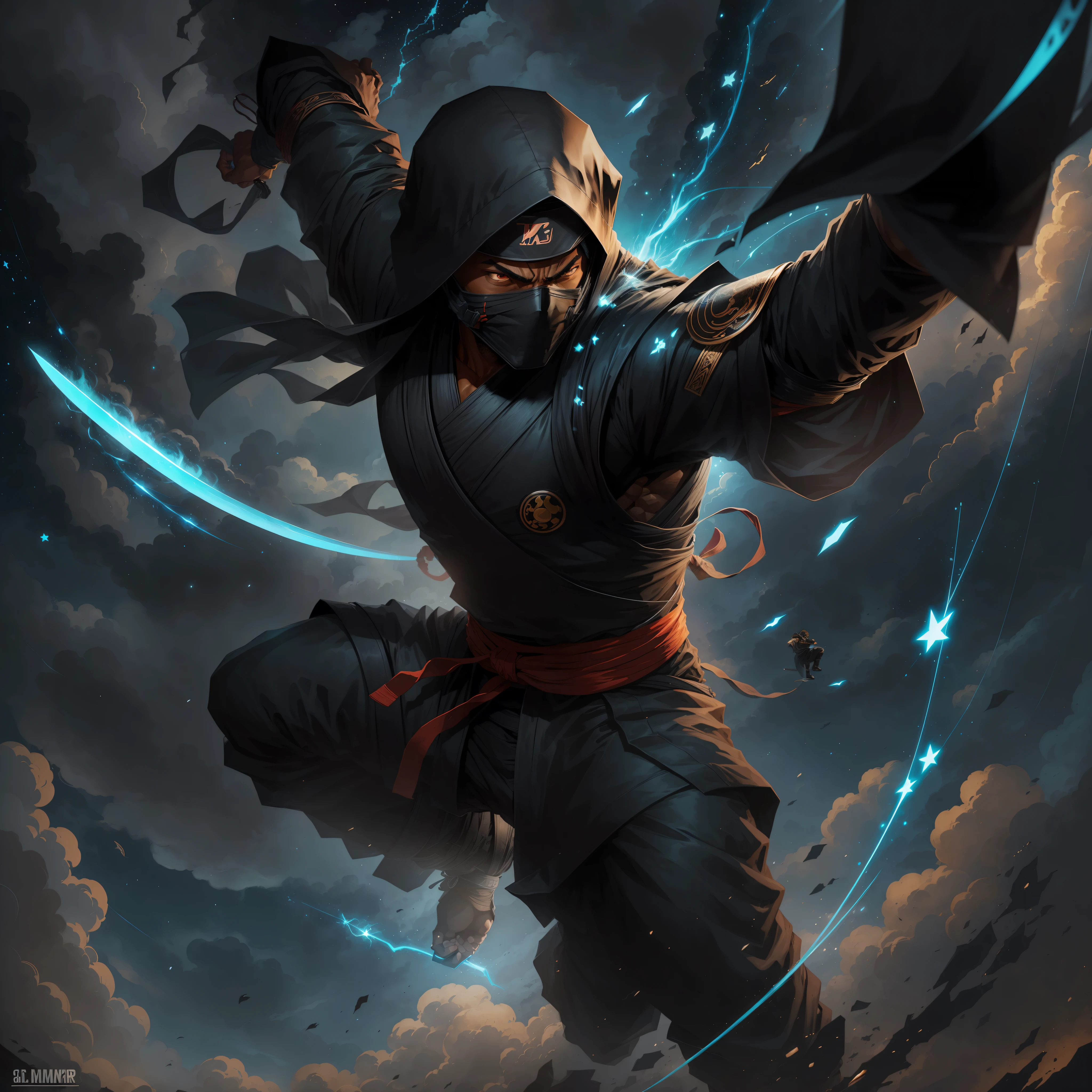 Create an illustration of a black man with features of a ninja in realistic style. 1:2, 8k, Full HD, He's standing, displaying a dynamic pose while seeming to fly in the air. Be sure to portray your determined and confident facial expression. He holds a gleaming sword with one hand, while the other remains outstretched, as if channeling energy. The background of the illustration can be a night backdrop, with dark clouds and bright stars, to accentuate the epic mood of the scene. Use a combination of vibrant colors to highlight the character and create dramatic contrast. --auto --s2