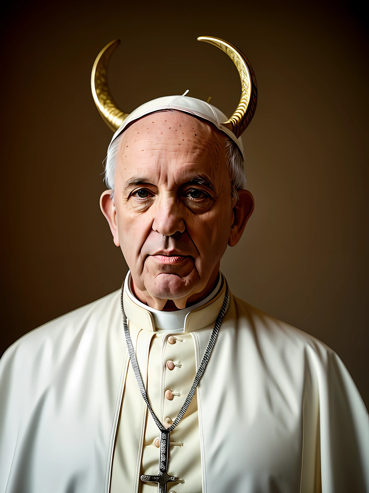 long-range photo of Pope Francis as Lucifer, with goat horns, film still, very high quality RAW photography, detailed background, intricate, exquisite details and textures, highly detailed, ultra detailed photography, warm lighting, art station, 4k, sharp focus, high resolution, detailed skin, detailed eyes, 8k uhd, dslr, high quality, film grain, Fujifilm XT3,