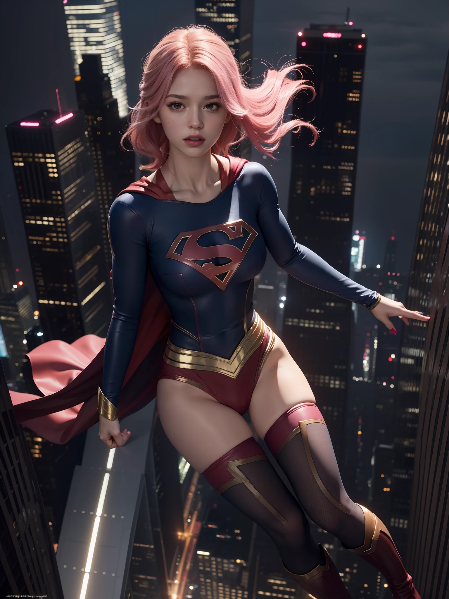 Supergirl flying gracefully between the skyscrapers of New York, best quality, masterpiece, ultra high resolution, (photorealistic: 1.4), raw photo, 1girl, pink hair, bright skin, dramatic lighting, full body, wide hips, huge breasts, big ass