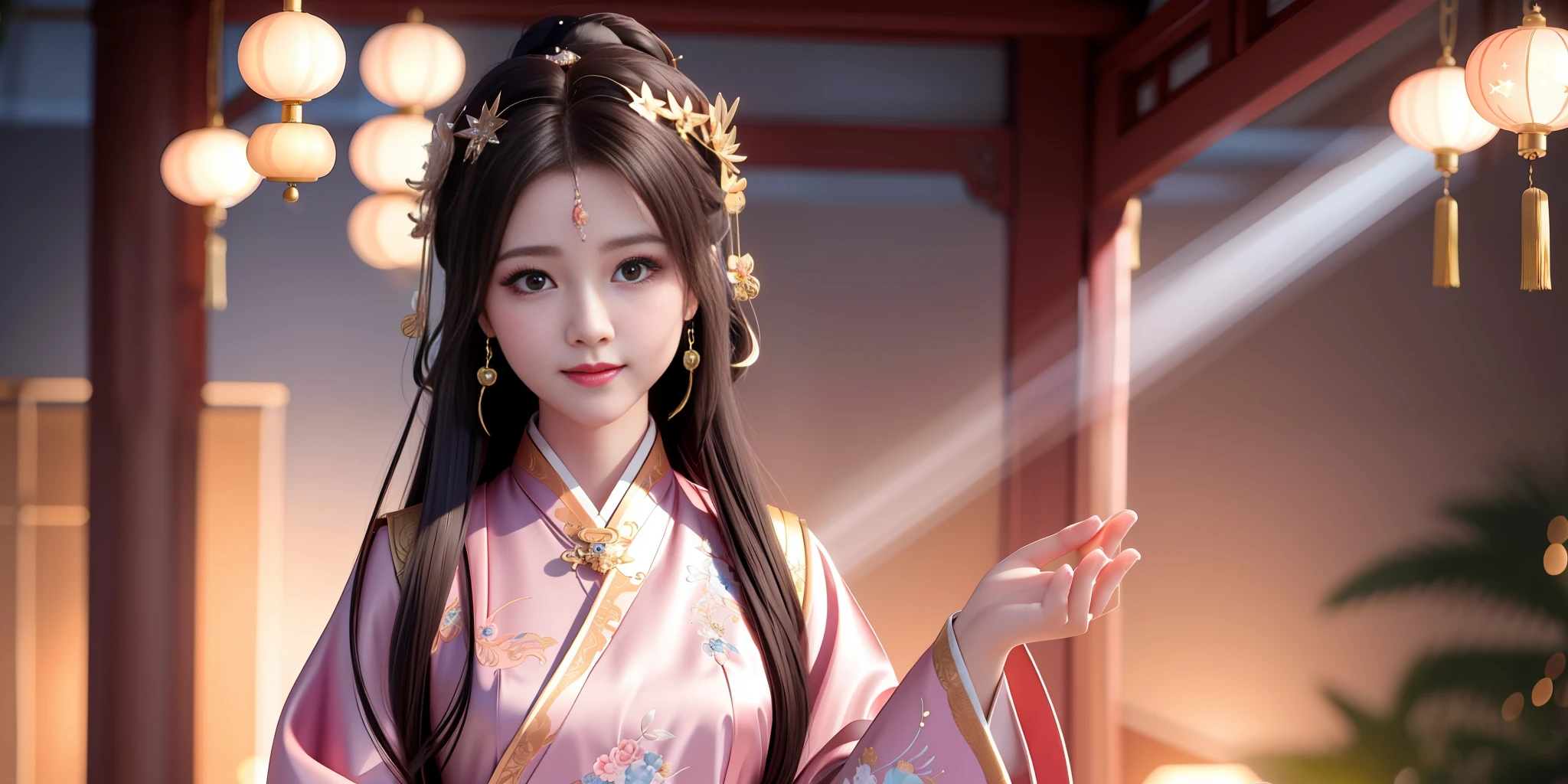 best quality, masterpiece, highres, 1girl,blush,(seductive smile:0.8),star-shaped pupils,china hanfu,hair ornament,necklace, jewelry,Beautiful face,upon_body, tyndall effect,photorealistic, dark studio, rim lighting, two tone lighting,(high detailed skin:1.2), 8k uhd, dslr, soft lighting, high quality, volumetric lighting, candid, Photograph, high resolution, 4k, 8k, Bokeh