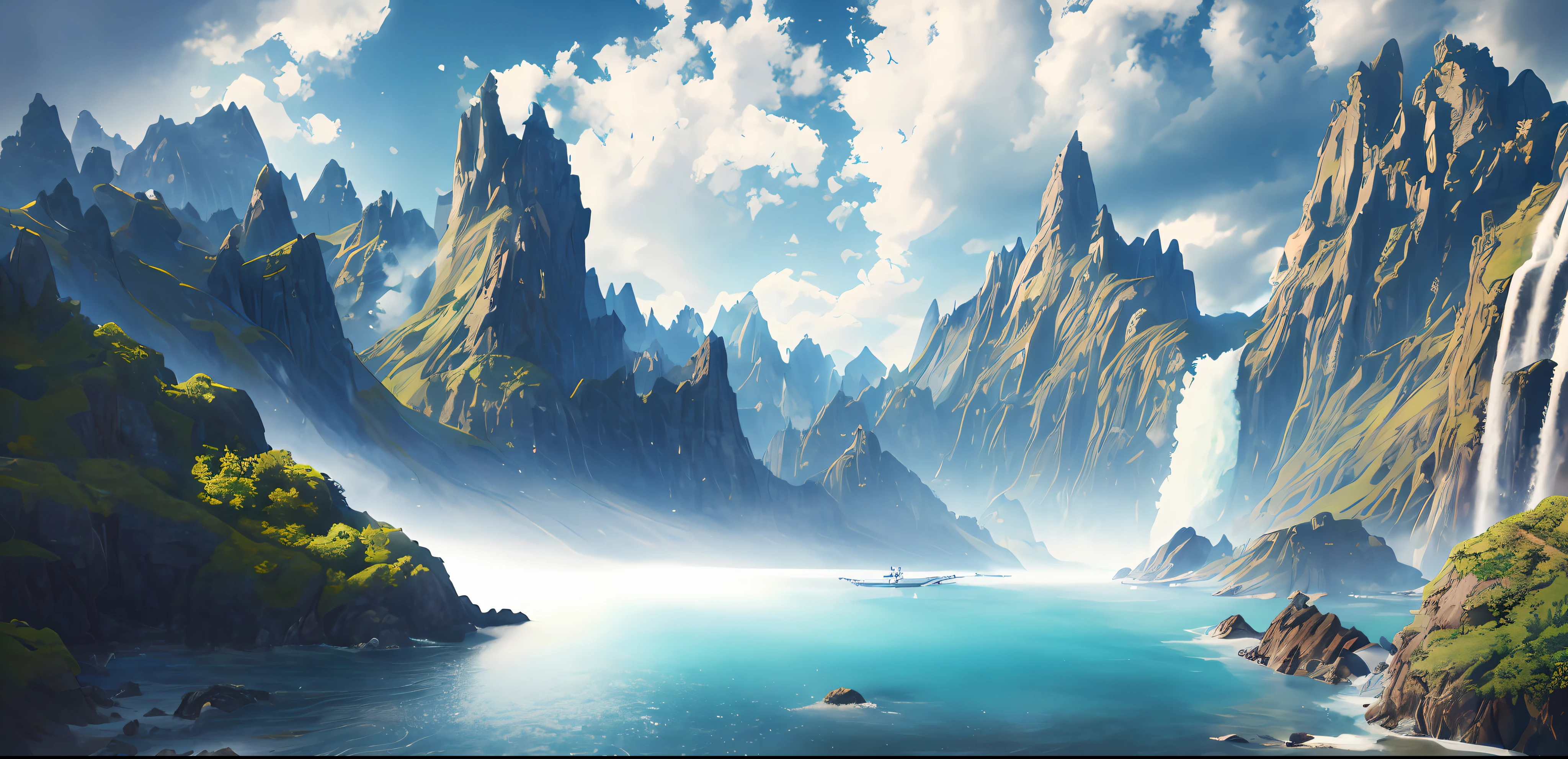 Masterpiece, best quality, high quality, extremely detailed CG unity 8k wallpaper, landscape, outdoor, sky, clouds, sky, no humans, mountain, landscape, water, tree, blue sky, waterfall, cliff, nature, lake, river , cloudy skies, award winning photography, bokeh, depth of field, HDR, bloom, chromatic aberration, photorealism, very detailed, trending on artstation, trending on CGsociety, intricate, high detail, dramatic, half way art