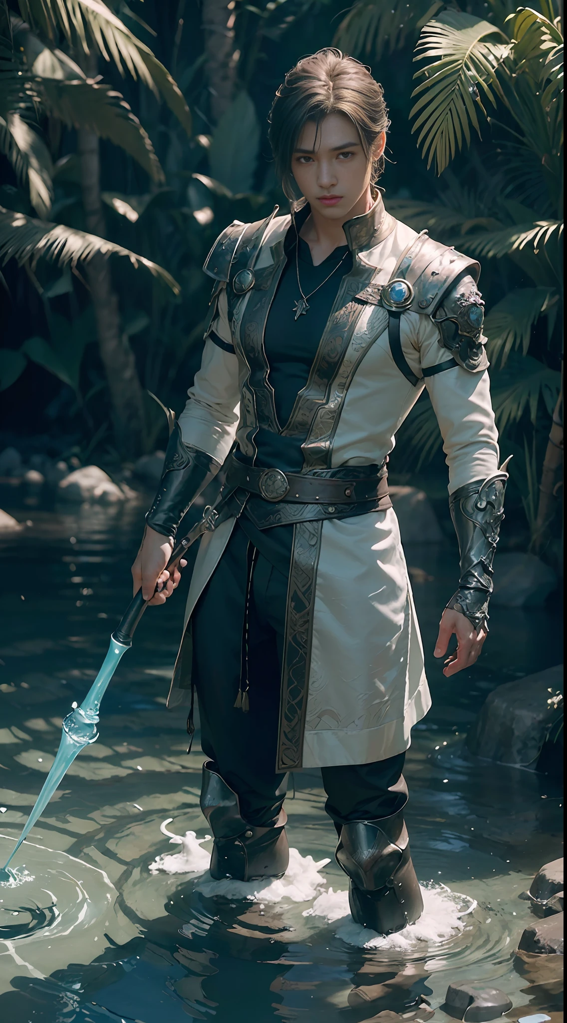 ((Best quality)), ((masterpiece)), (detailed:1.4), ((male)) ((man)), 3D, an image of a young man as water bender, water mage, magic, HDR (High Dynamic Range),Ray Tracing,NVIDIA RTX,Super-Resolution,Unreal 5,Subsurface scattering,PBR Texturing,Post-processing,Anisotropic Filtering,Depth-of-field,Maximum clarity and sharpness,Multi-layered textures,Albedo and Specular maps,Surface shading,Accurate simulation of light-material interaction,Perfect proportions,Octane Render,Two-tone lighting,Wide aperture,Low ISO,White balance,Rule of thirds,8K RAW,